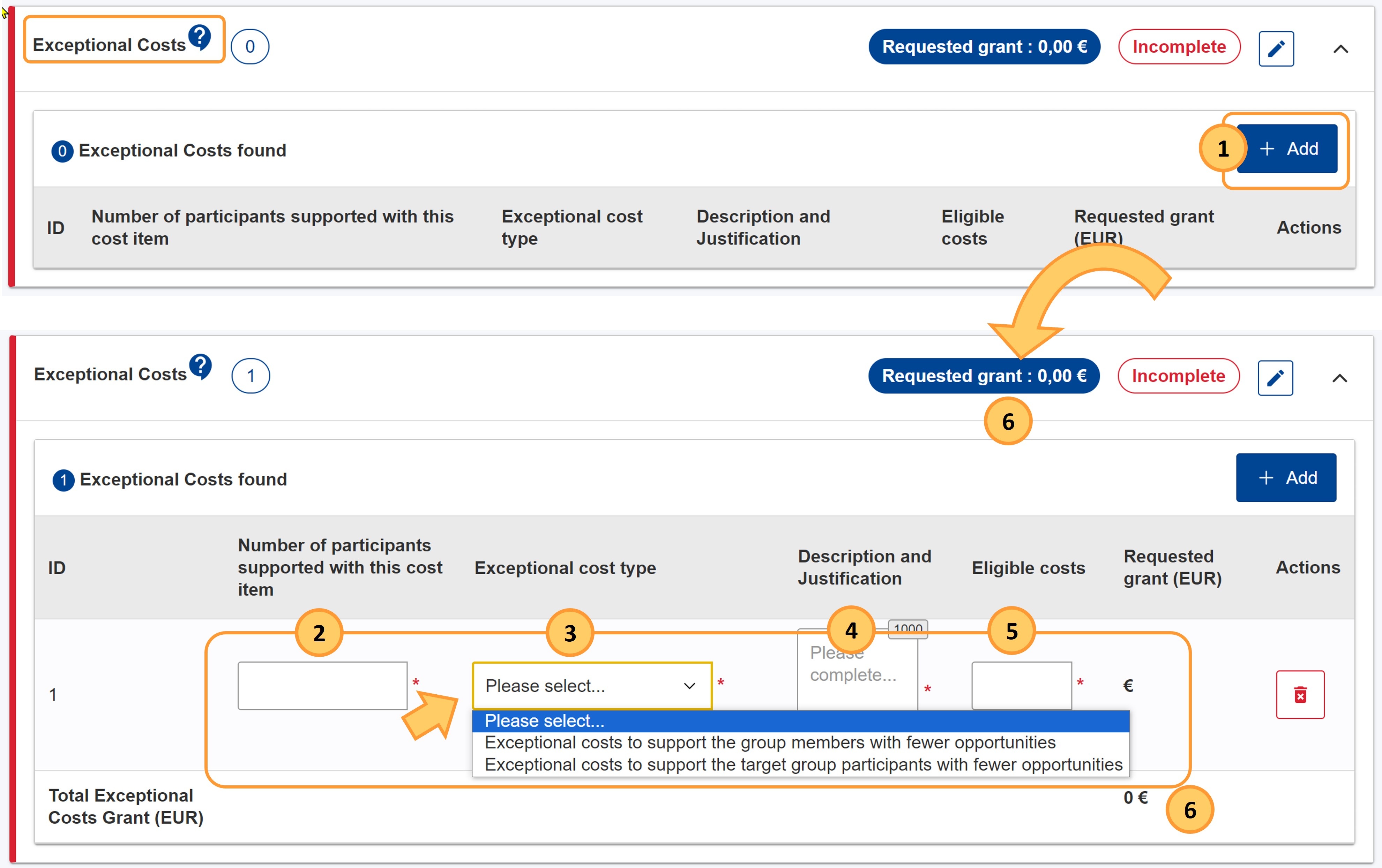 Fill in Exceptional Costs