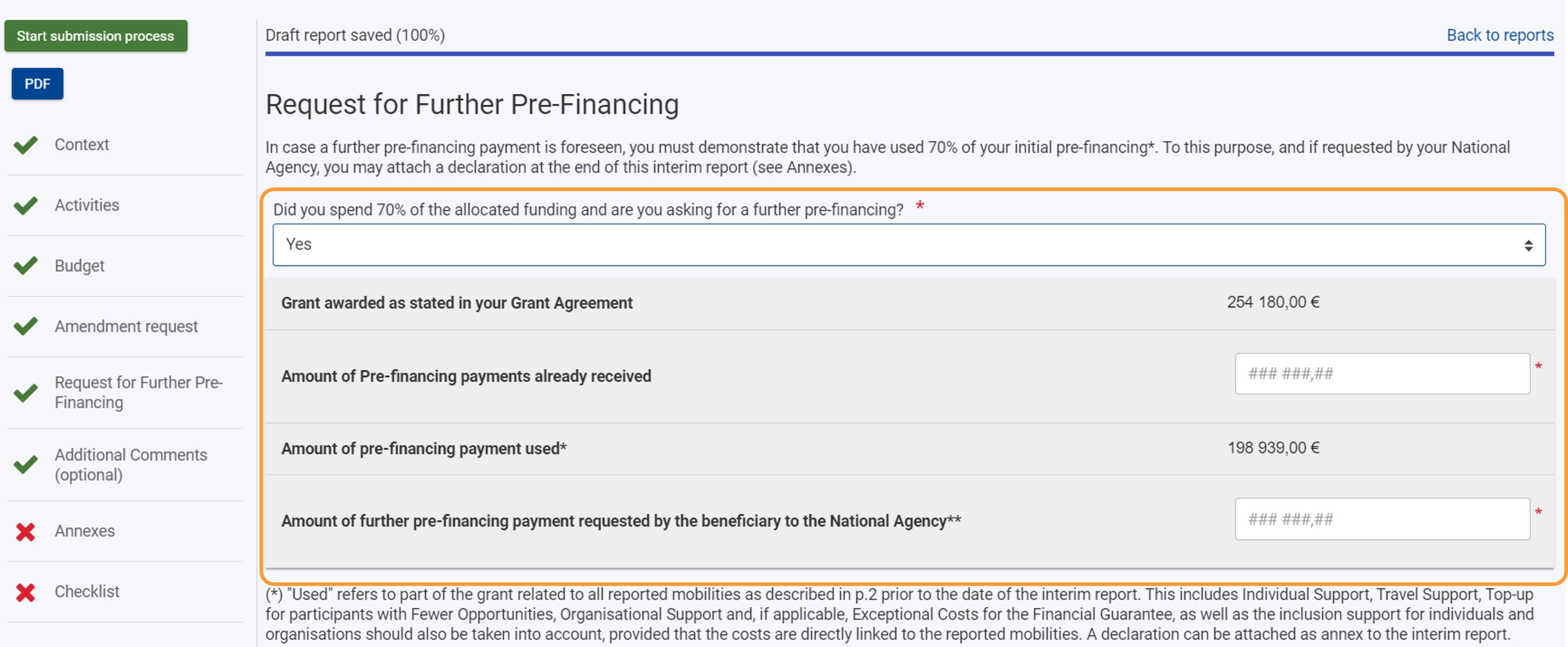 Complete the Request for Further Pre-Financing section