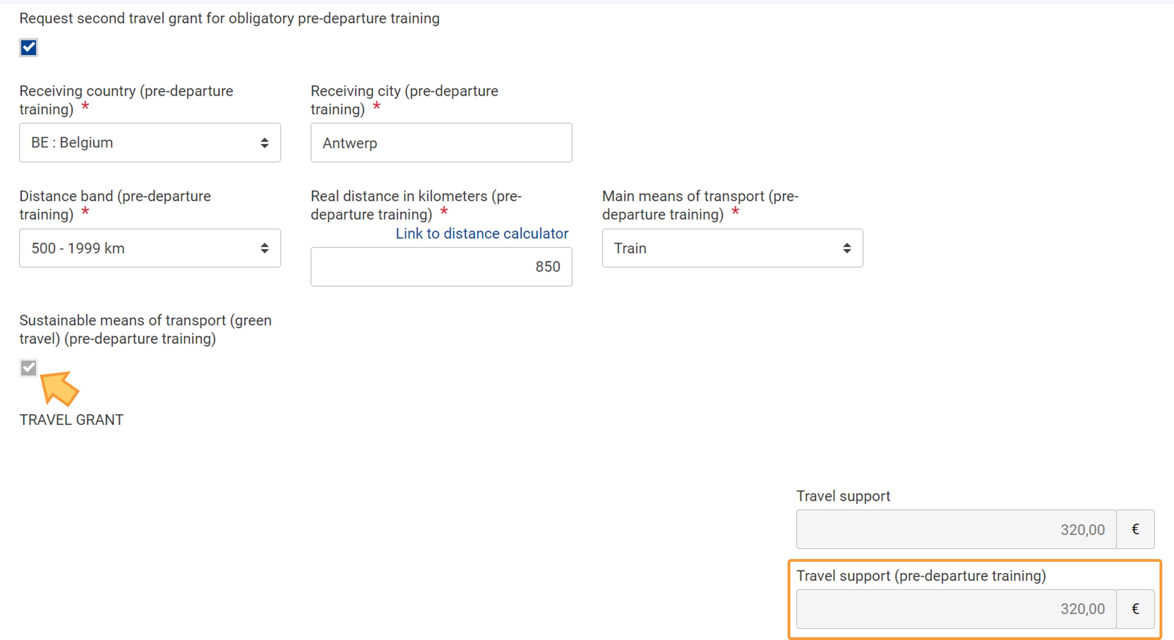 Travel support (pre-departure training) calculated automatically as per information provided