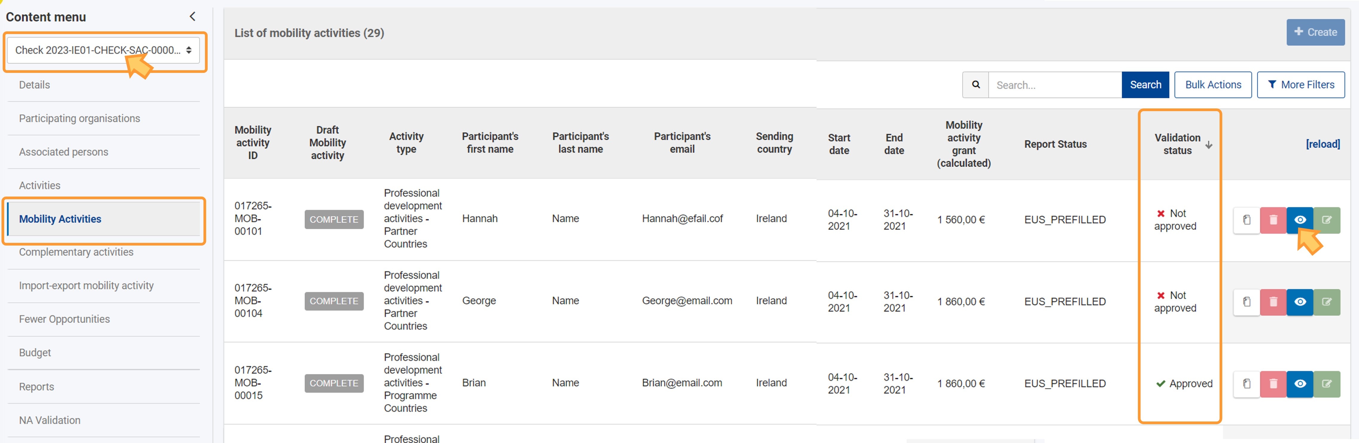 Validation status column visible in the list of mobility activities Check (Submitted) project version
