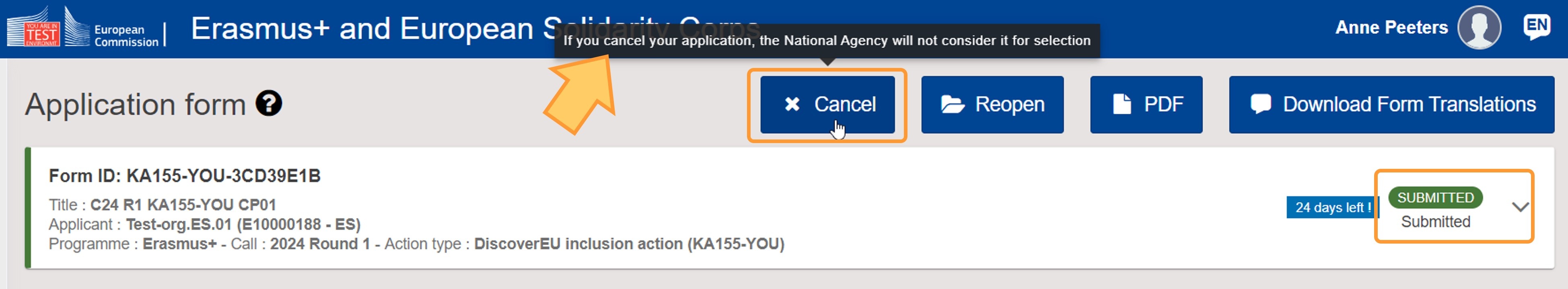 Cancel button in a submitted application