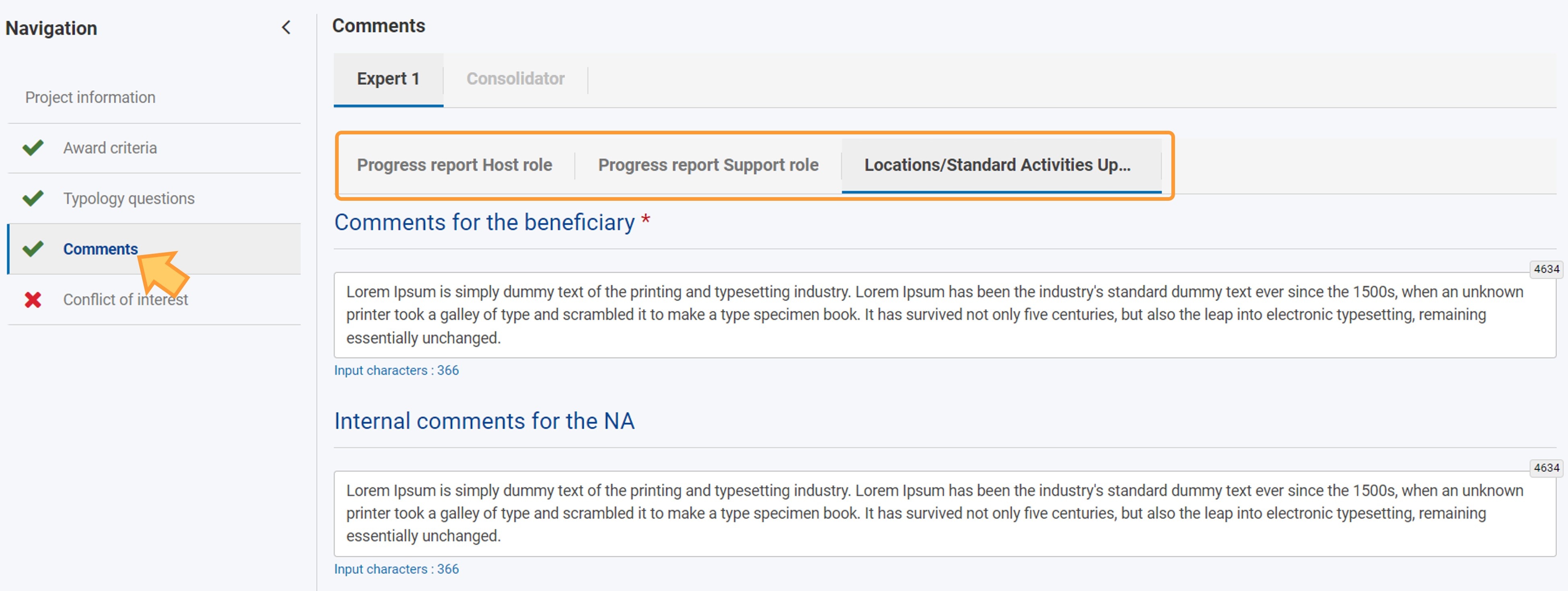 Example of the completed Comments section, with three report parts to be assessed