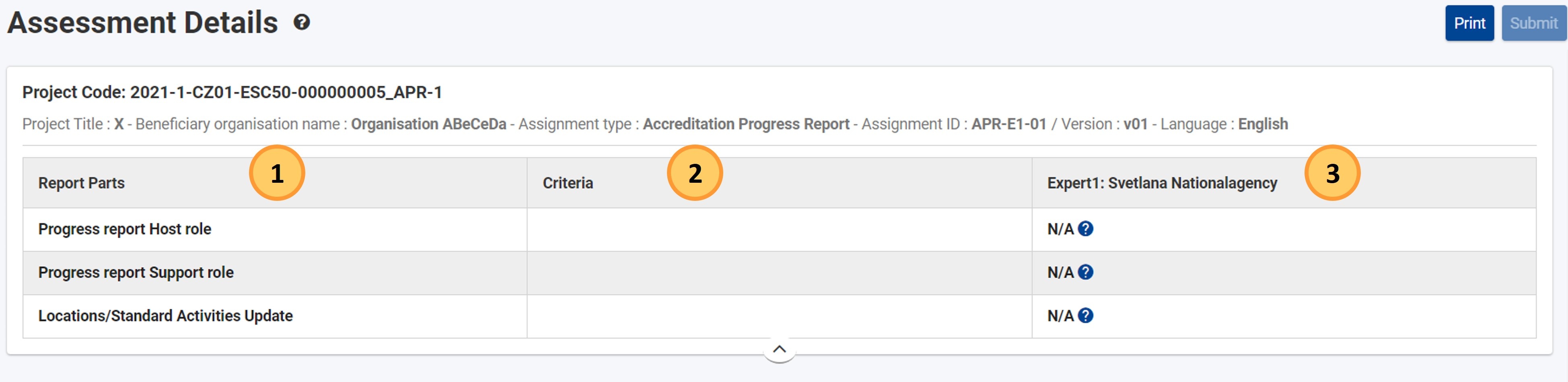 Example of the expanded header for ESC50 Accreditation Progress Report assessment, with multiple report parts not score based