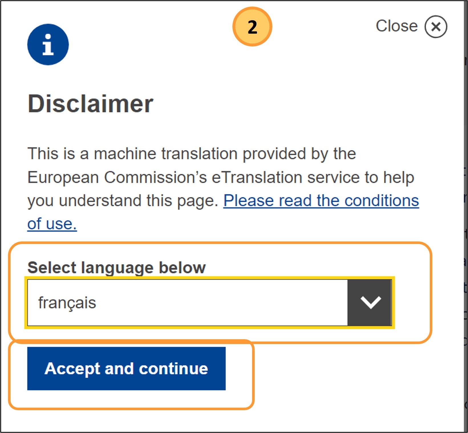 Select target language and click Accept and continue