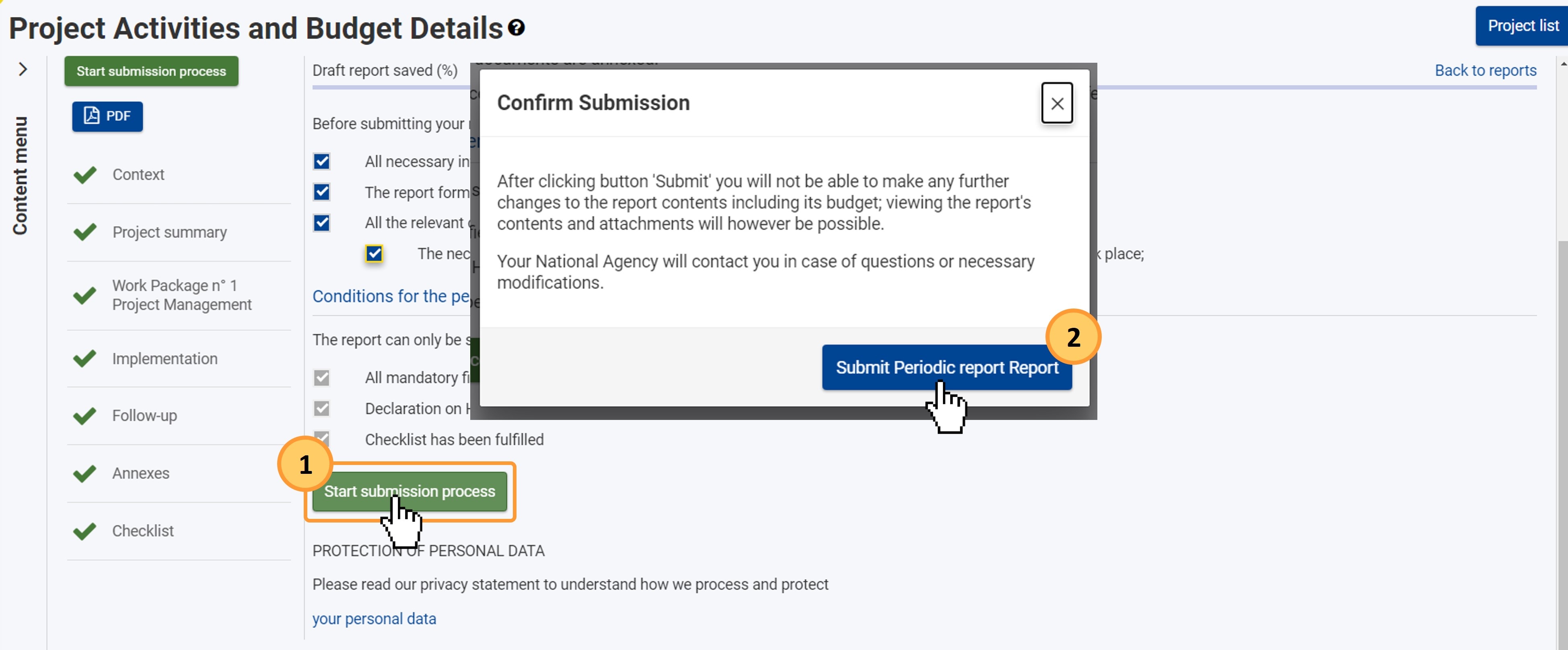 Click on the Start submission process button and confirm the report submission