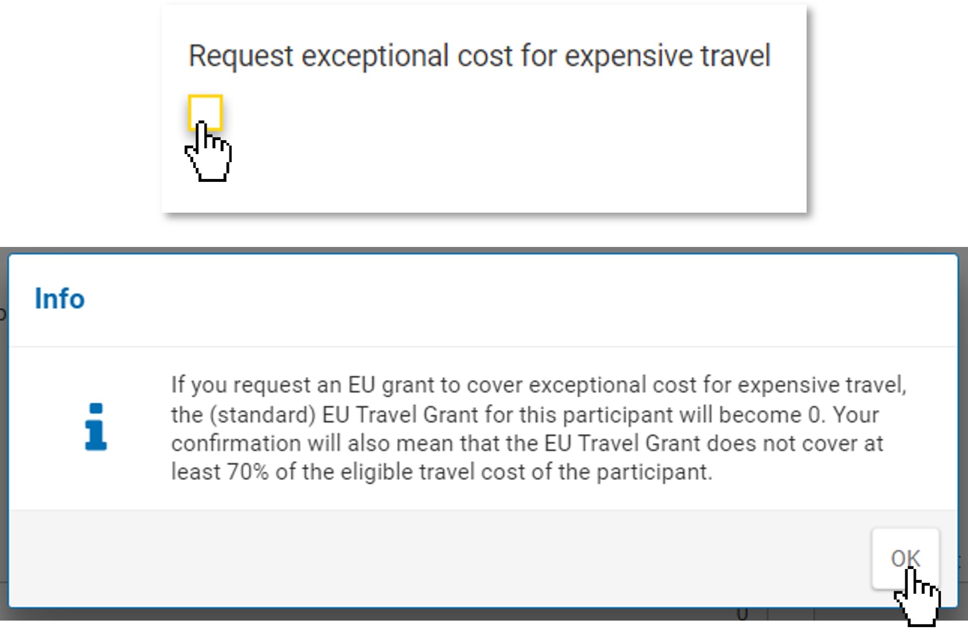 Popup message in case of exceptional costs requested