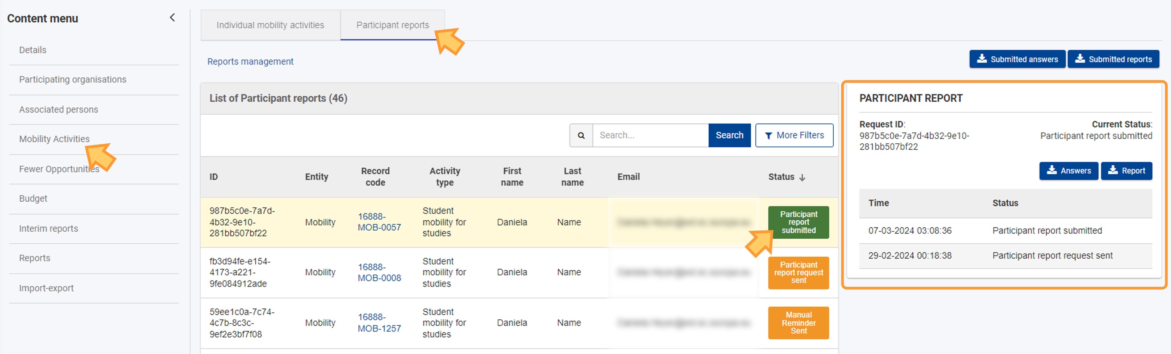 Individual participant report status in the List of participant reports