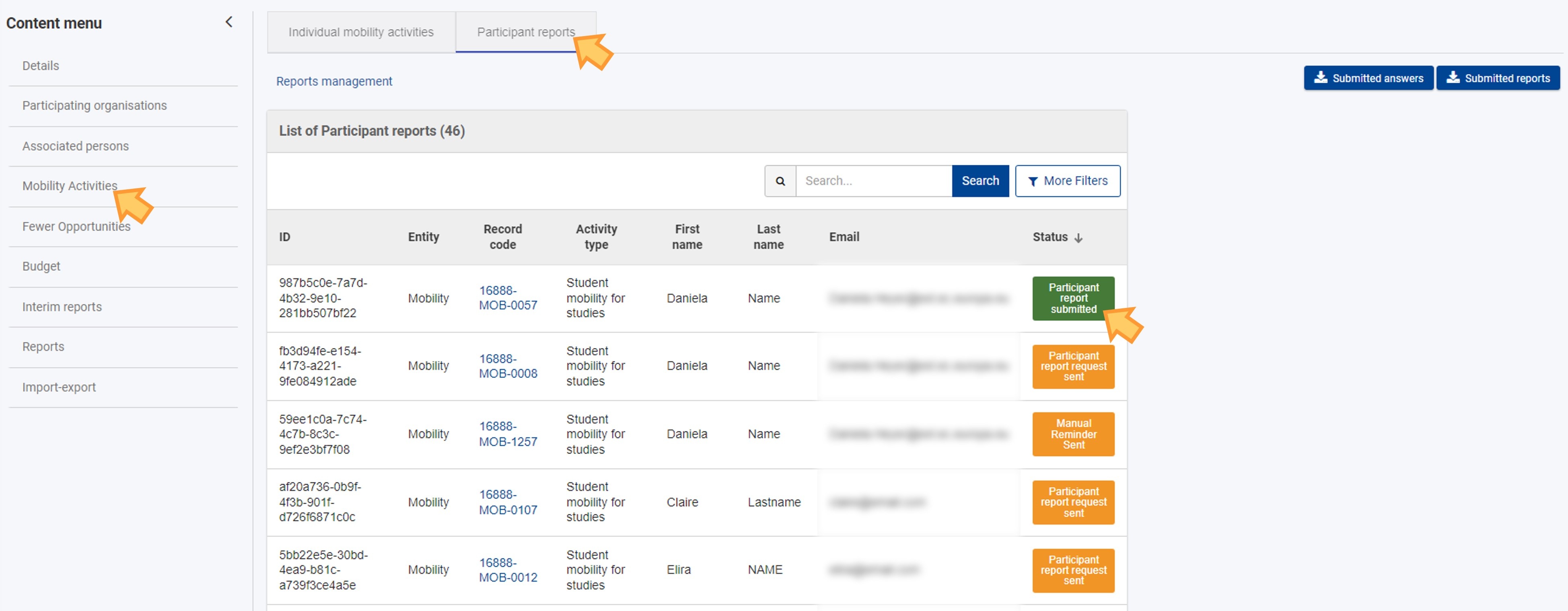 Participant report statuses in the List of participant reports