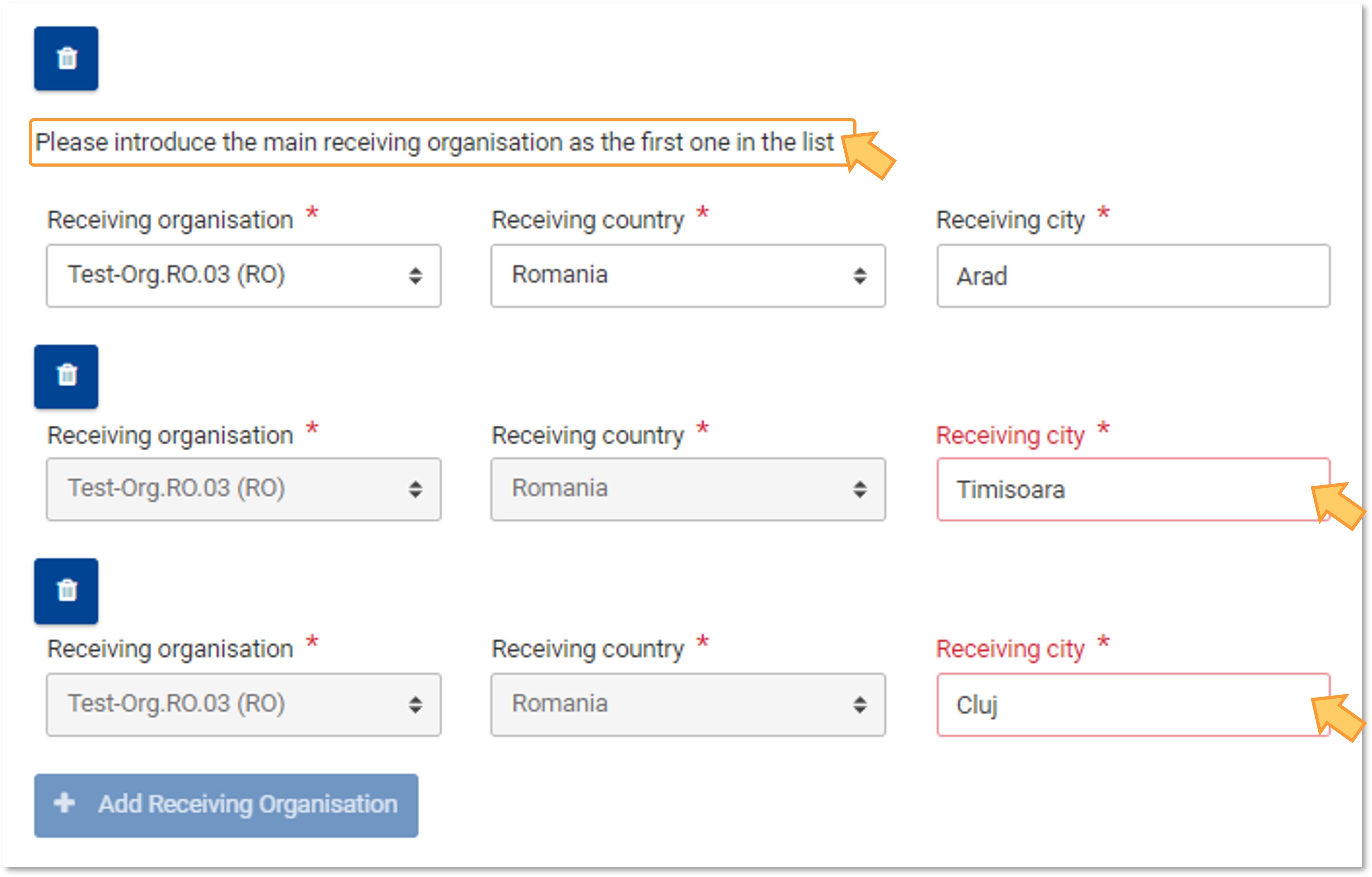 Add new locations for the main receiving organisation