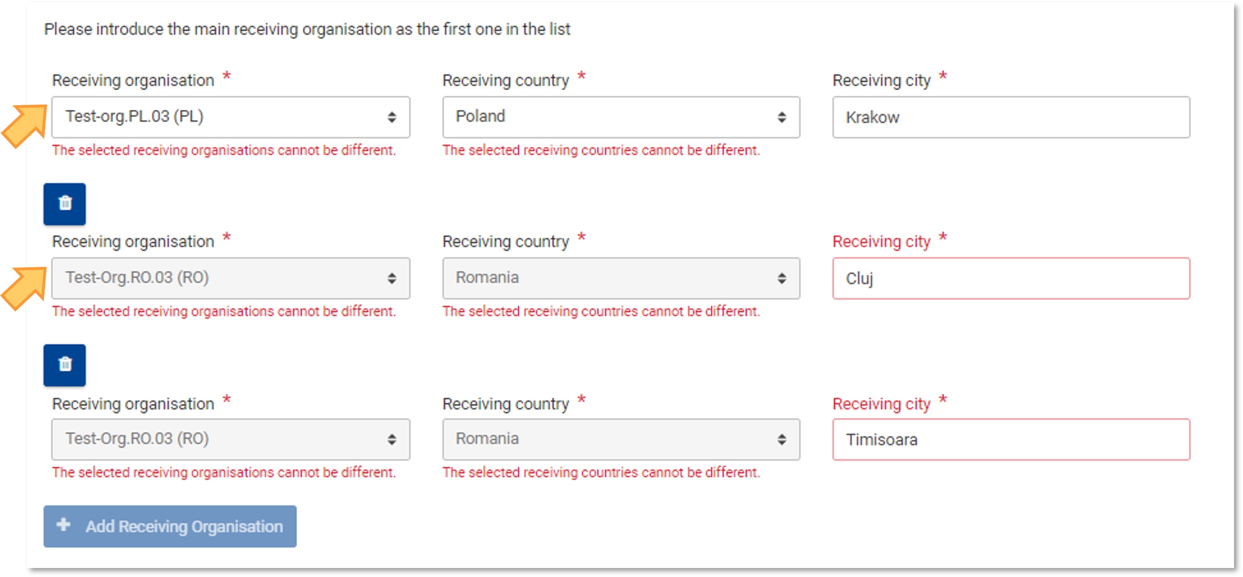 Error when changing the main organisation