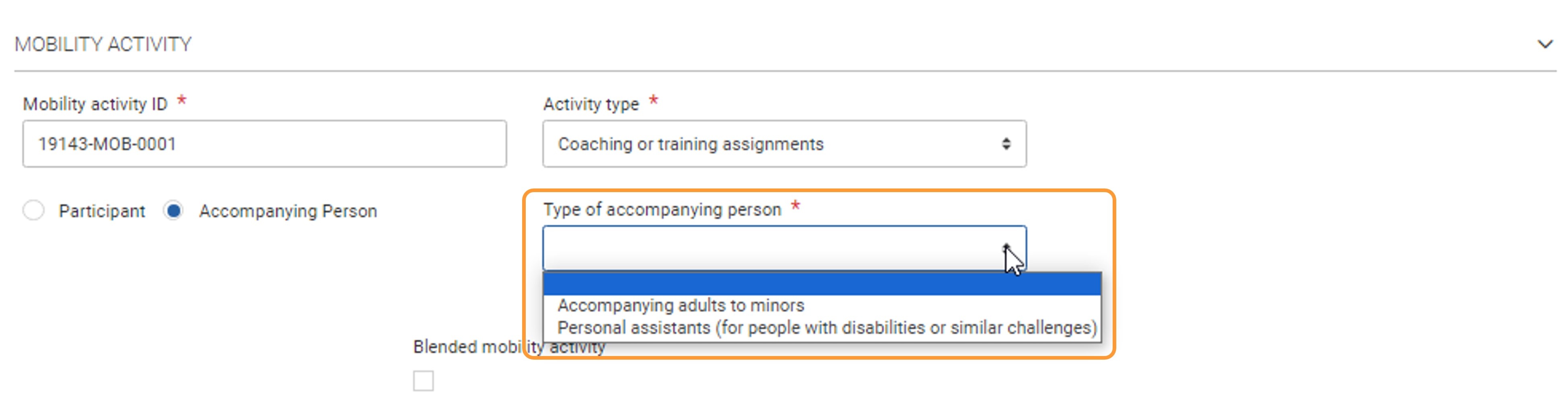 Example of the Type of accompanying person drop-down list available in a KA182-SPO call 2024 project