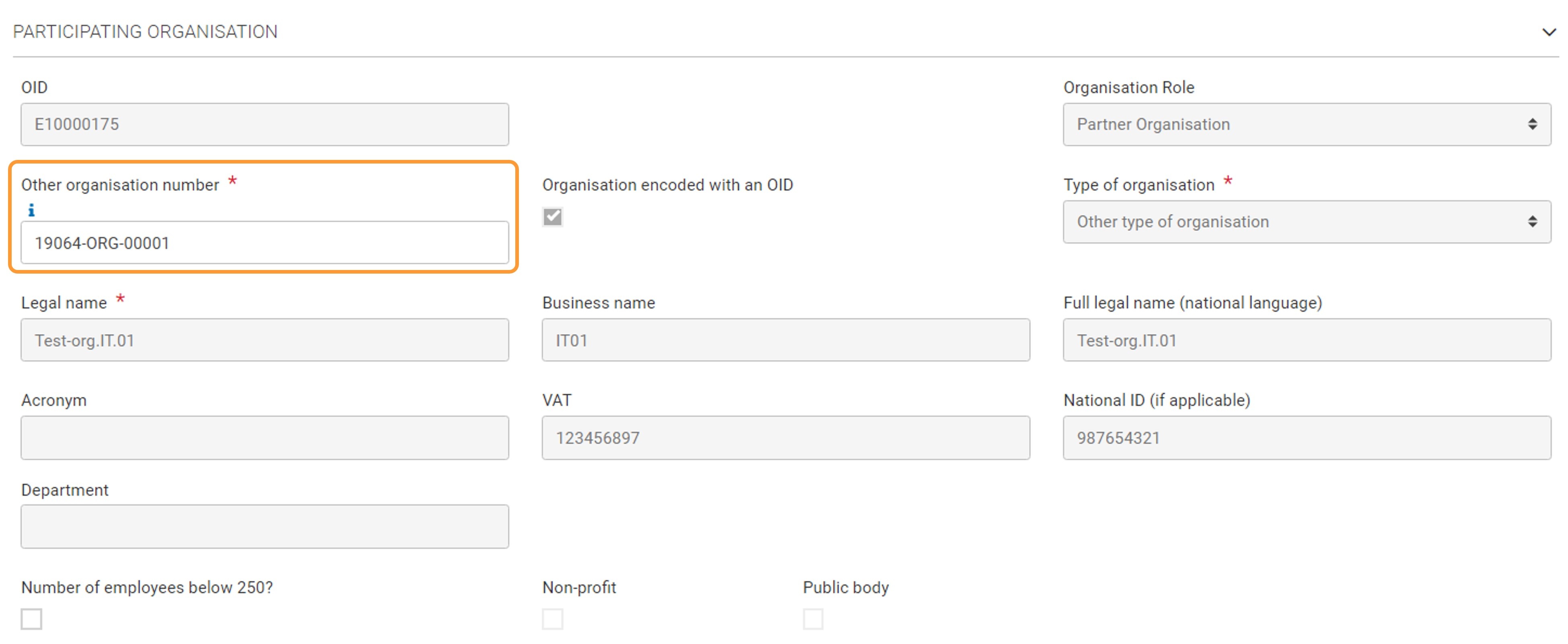 Other organisation number field in organisation details in KA121 and KA122 projects