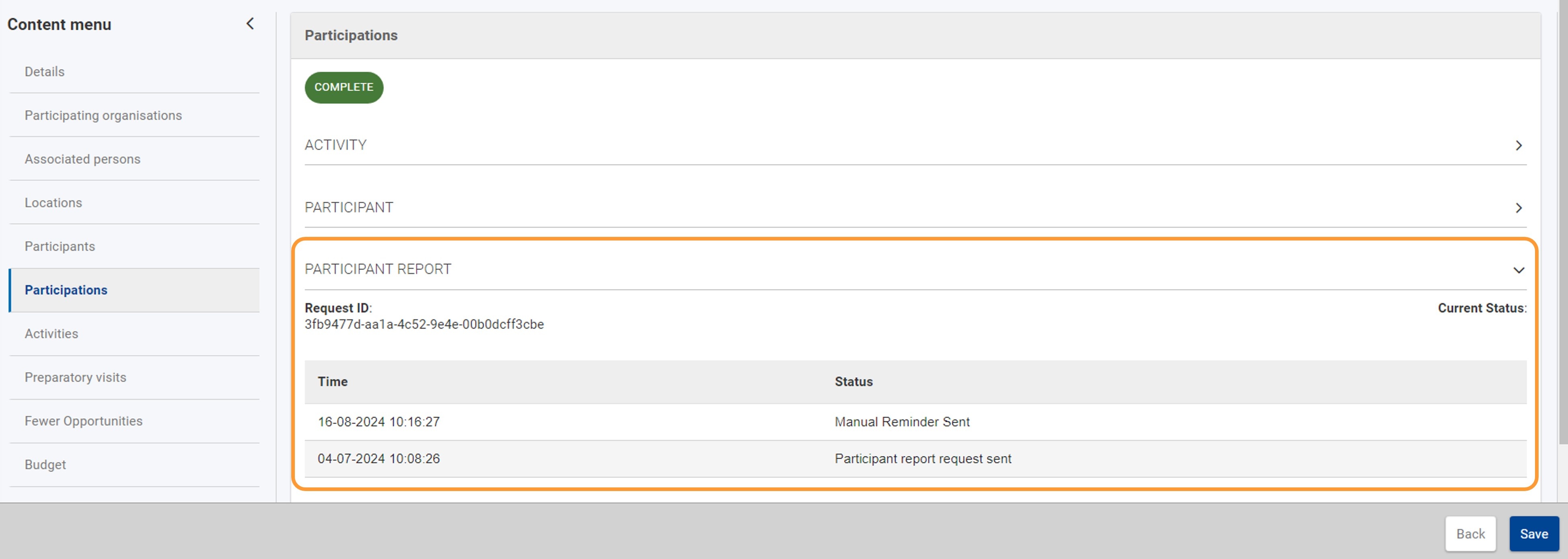 Participant Report section in Participation details