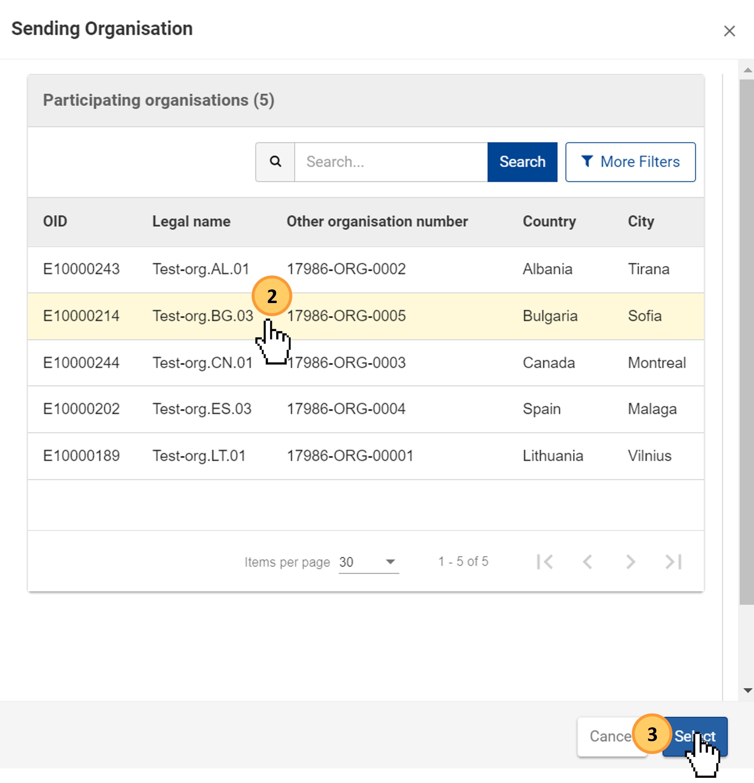 Select an organisation from the list. This will be the Sending Organisation