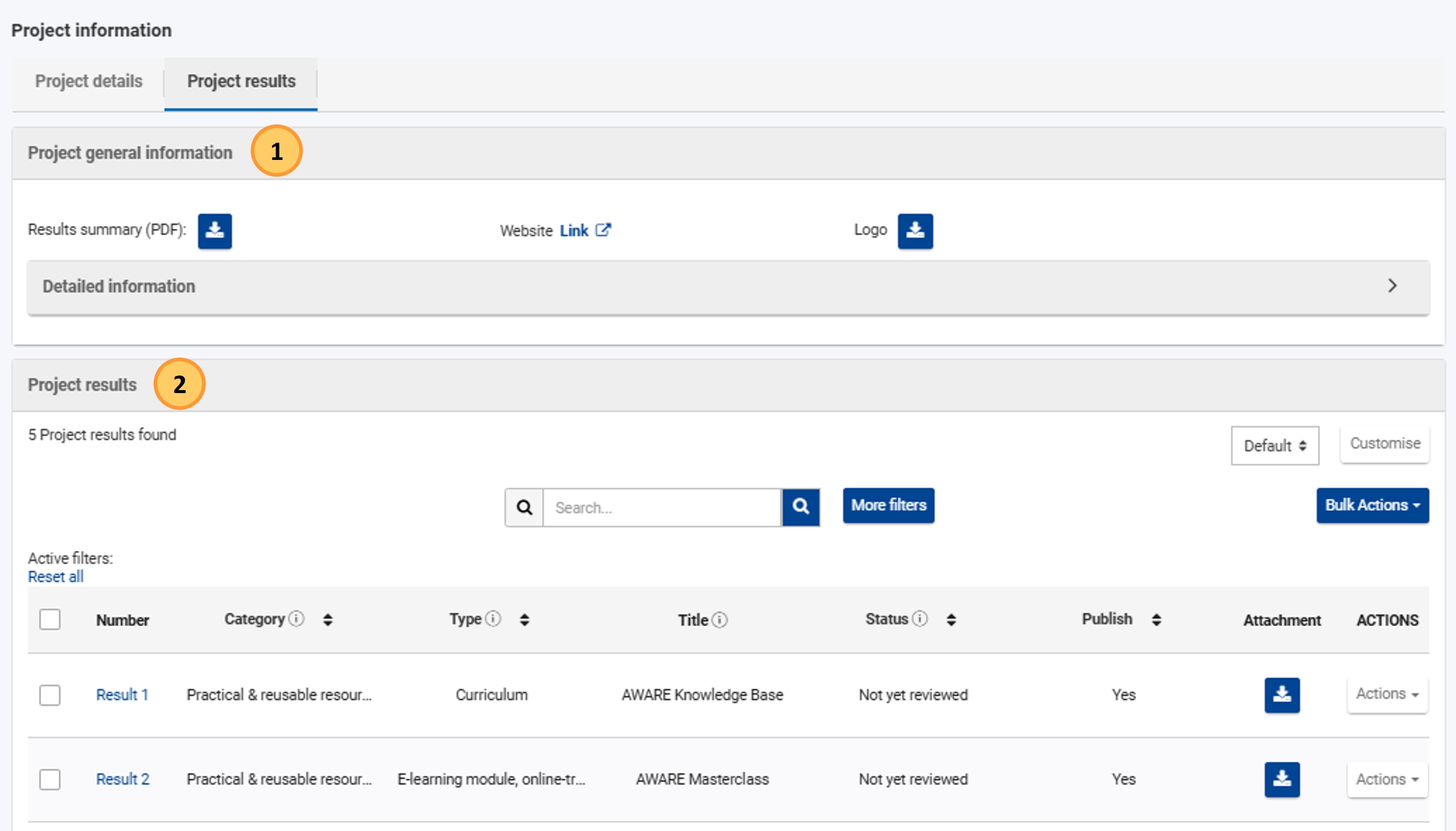 Project results screen