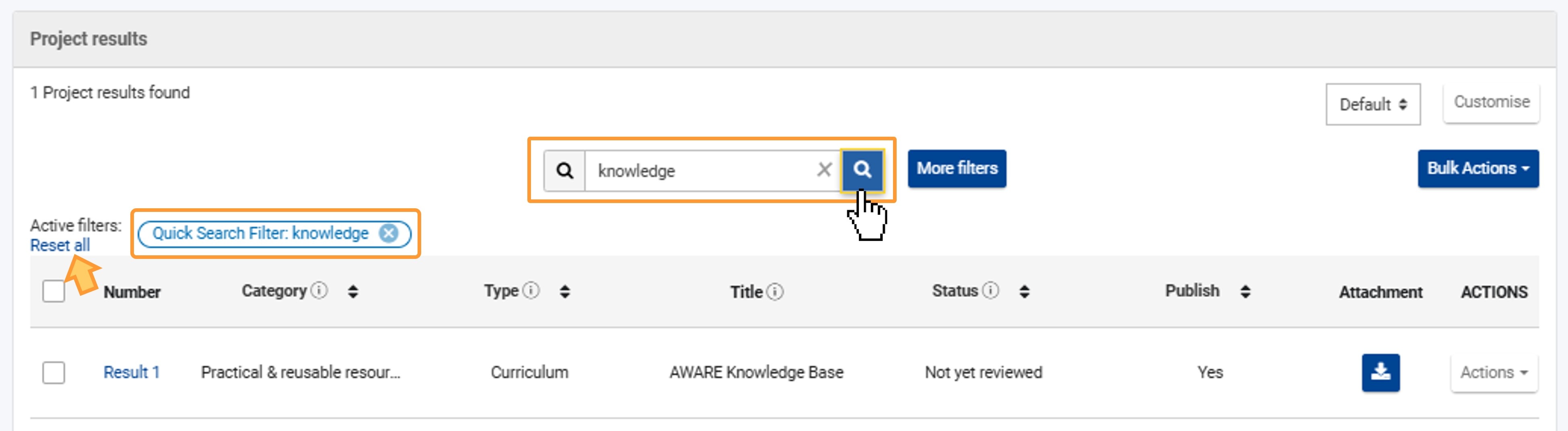 Use the search field to find specific results