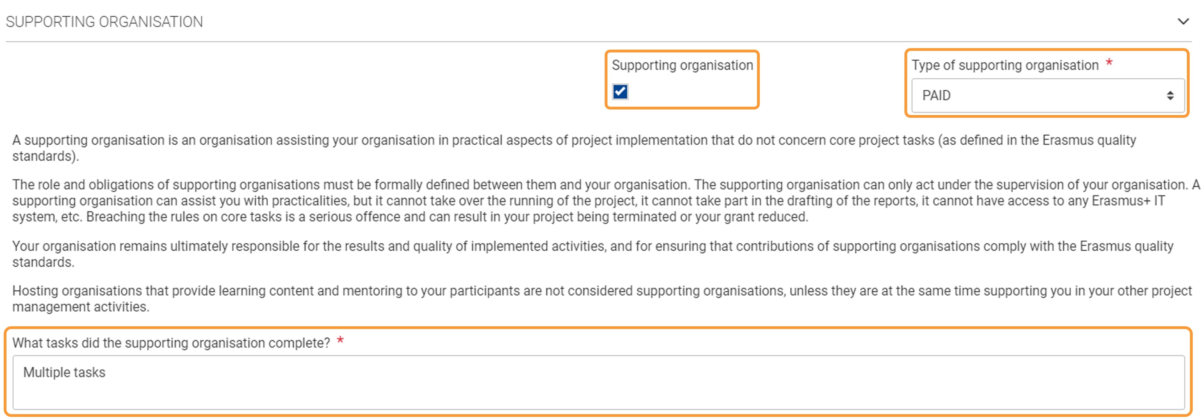 Tasks completed by the paid supporting organisation