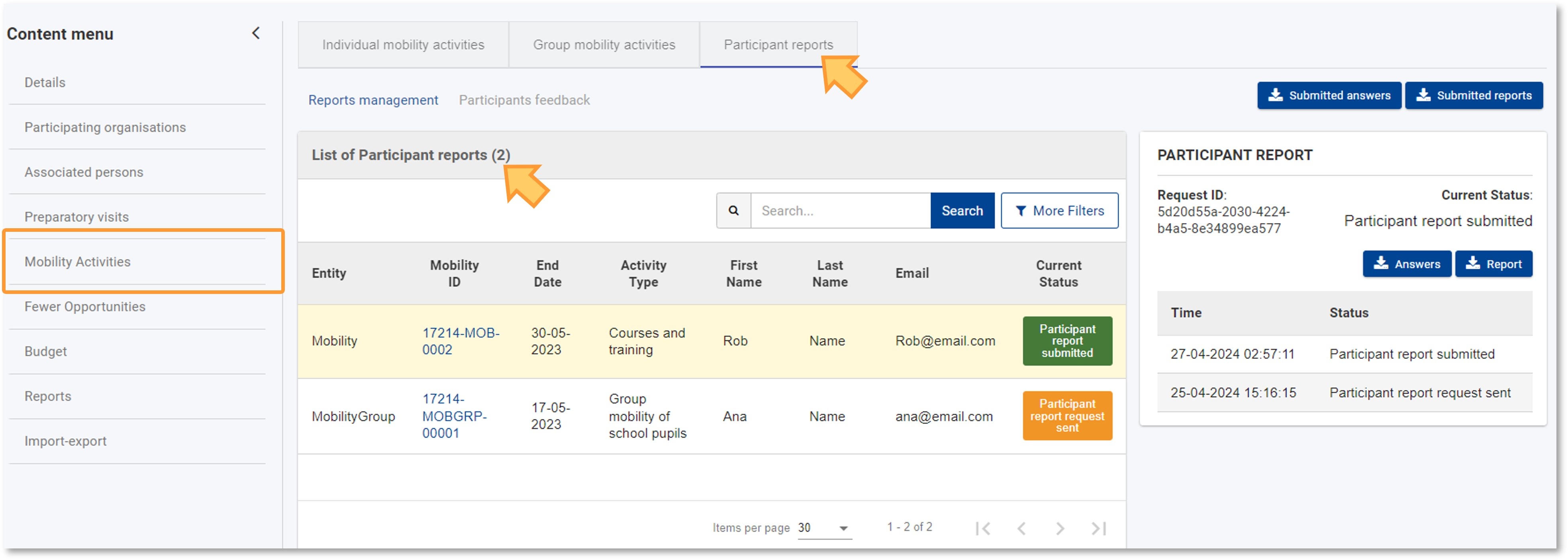 Participant Report information in a KA1 project