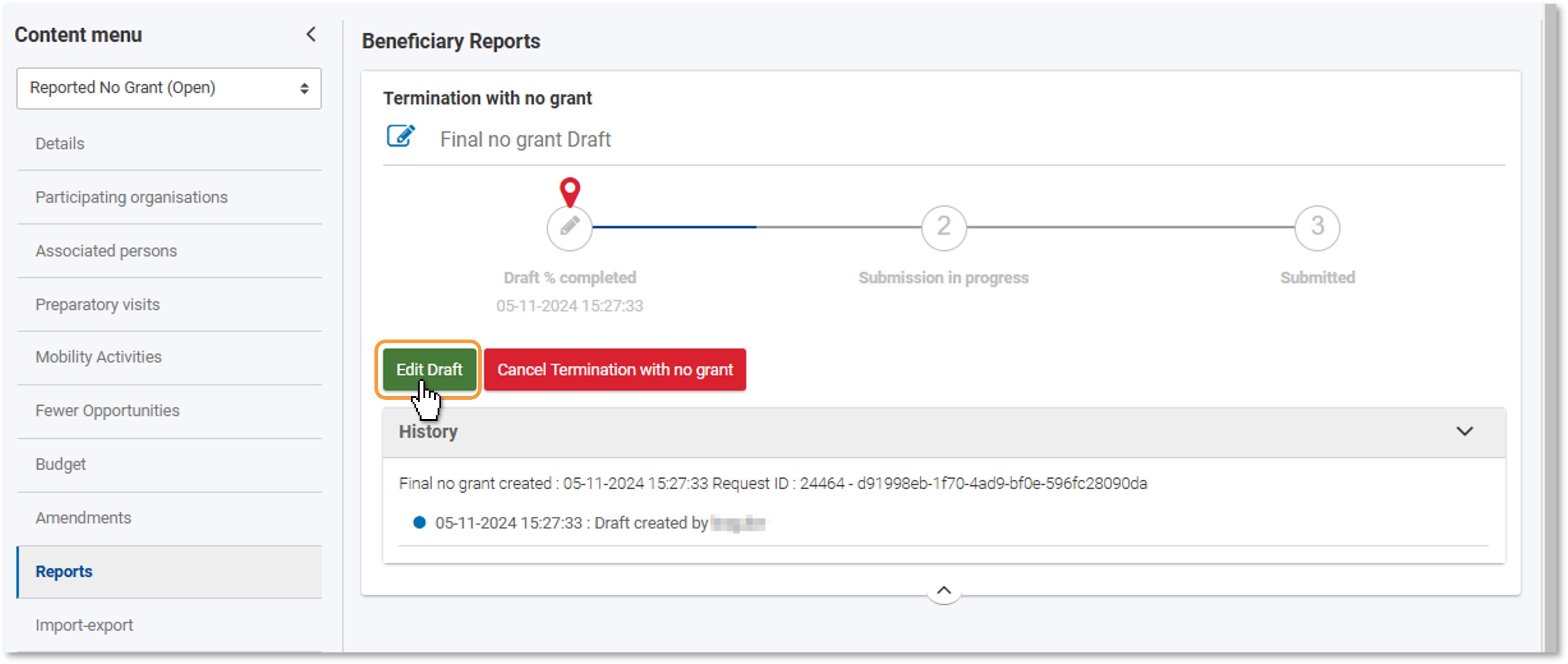 Start editing the 'Termination no grant' request