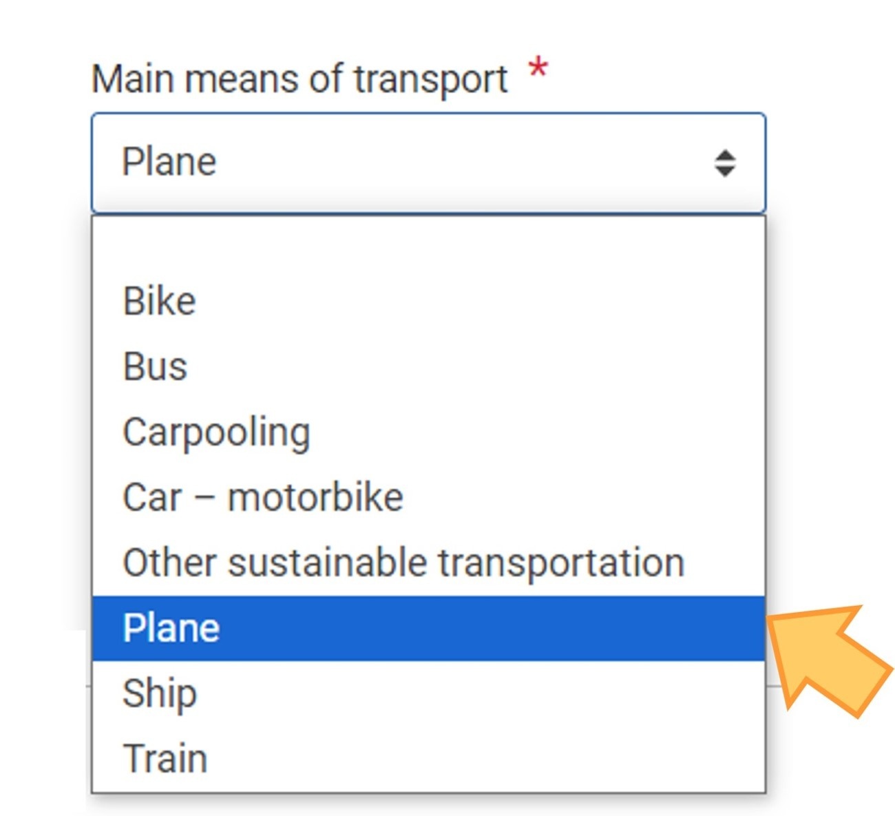 Drop-down list with means of transport