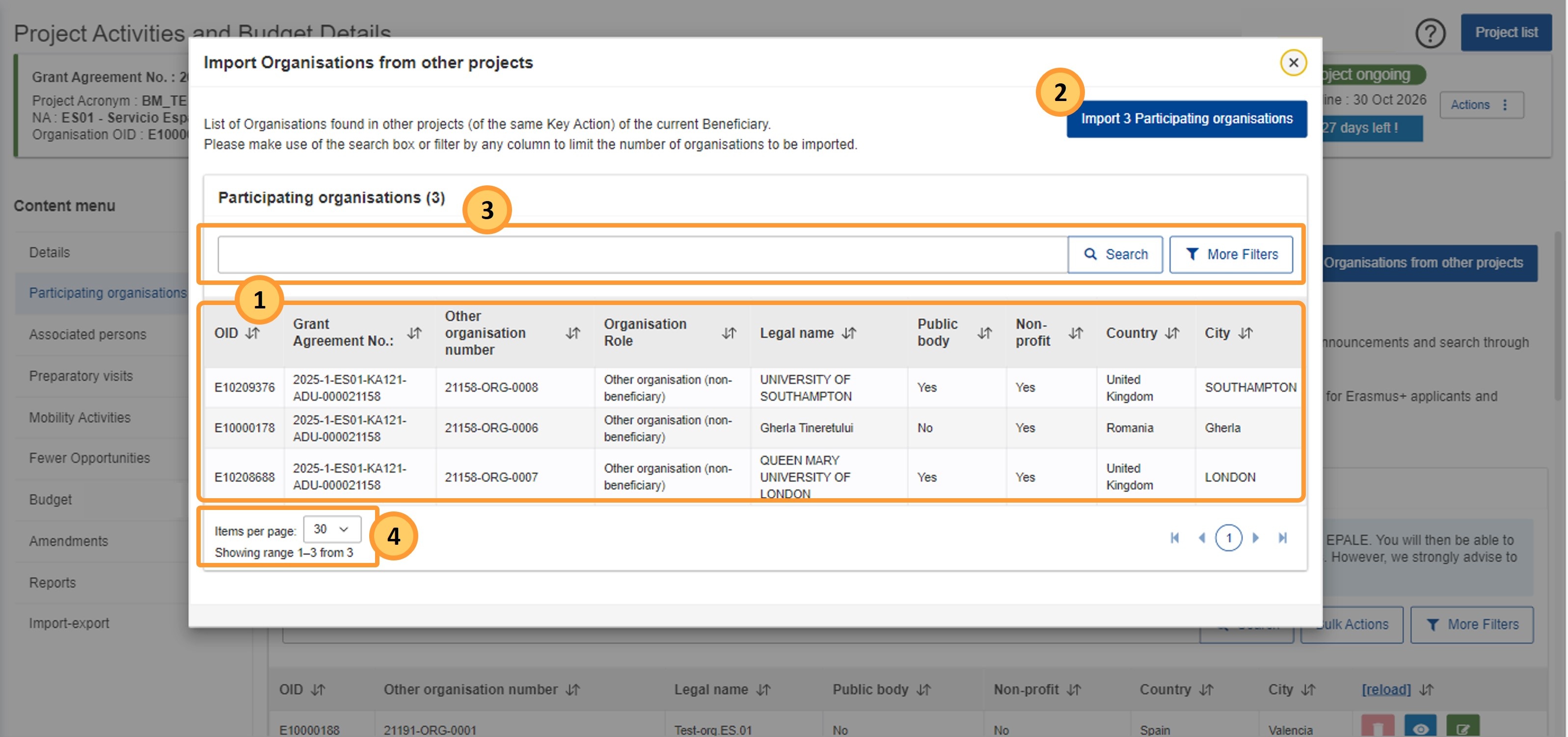The Import Organisations from other projects pop-up window