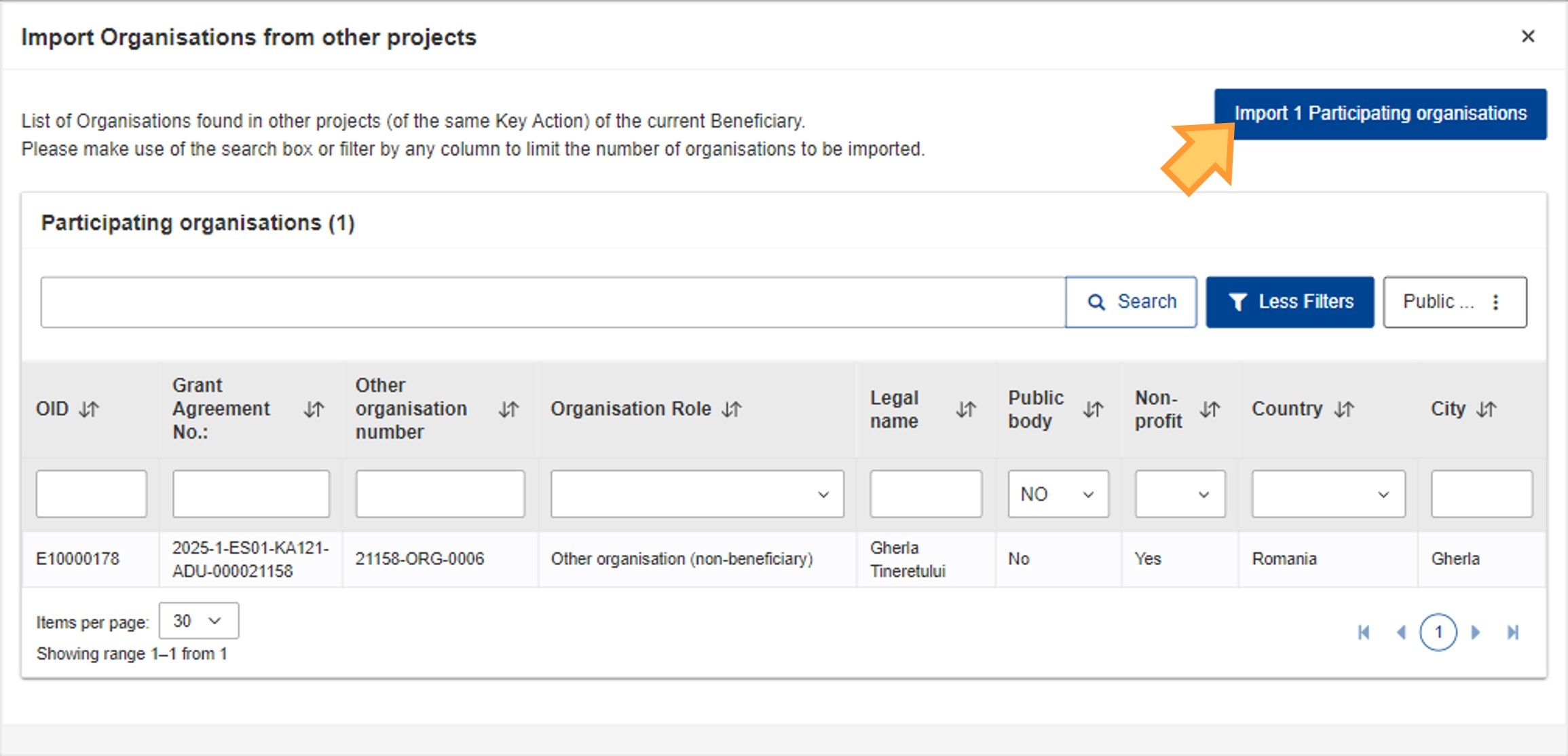 Import participating organisations button
