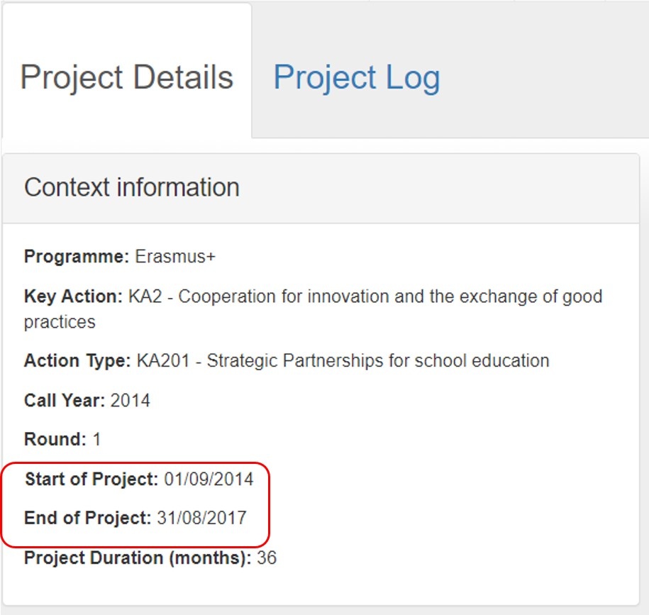 Project start and end date