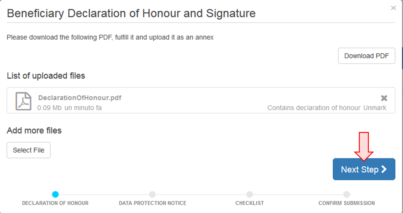 Verify Declaration of Honour, Click Next Step