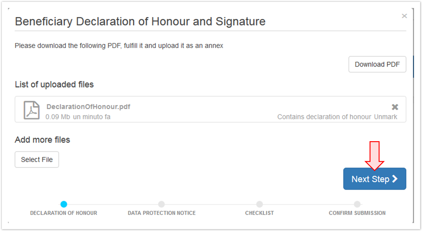 Verify Declaration of Honour, Click Next Step