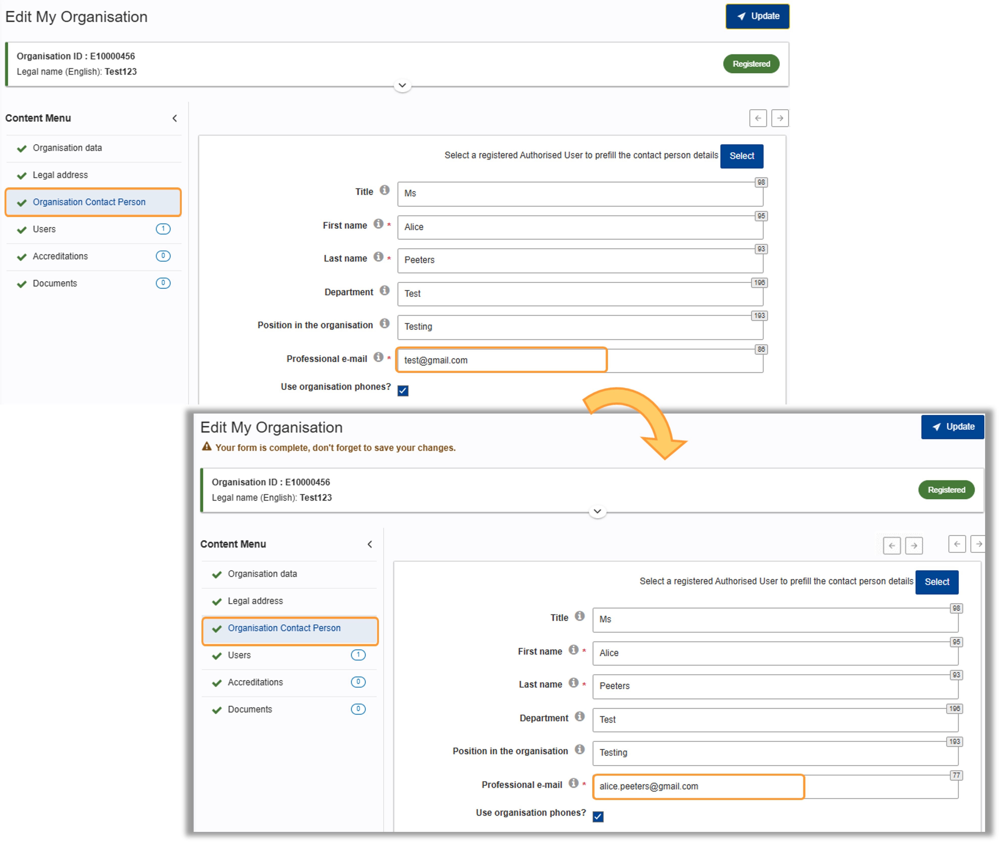 Update details for organisation contact person