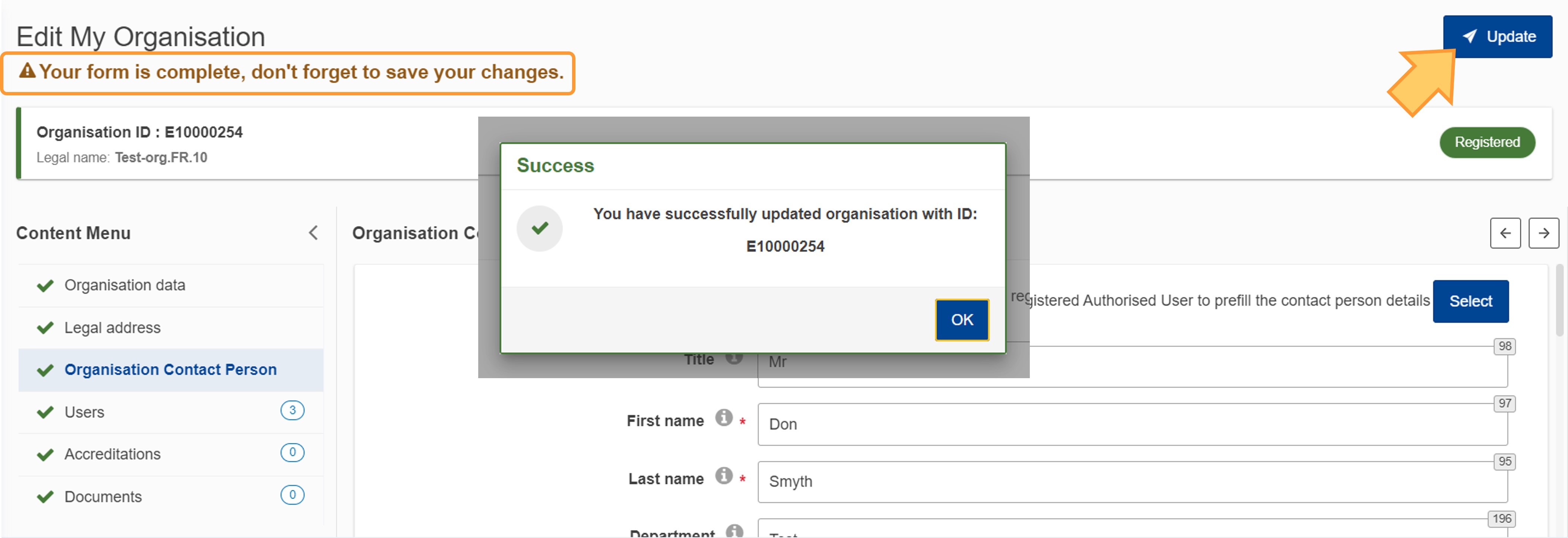 Changes to organisation are saved