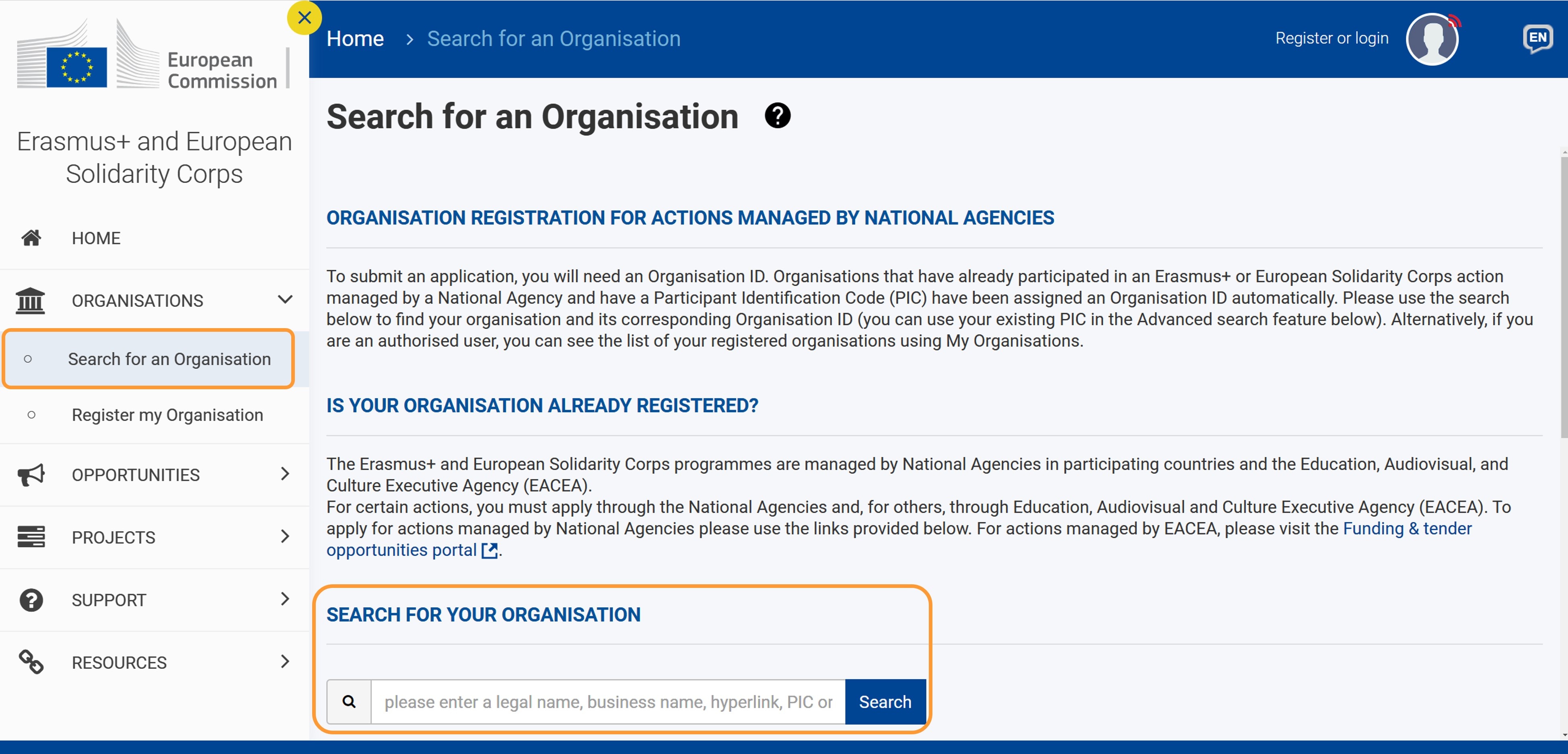 Open Search for an organisation screen