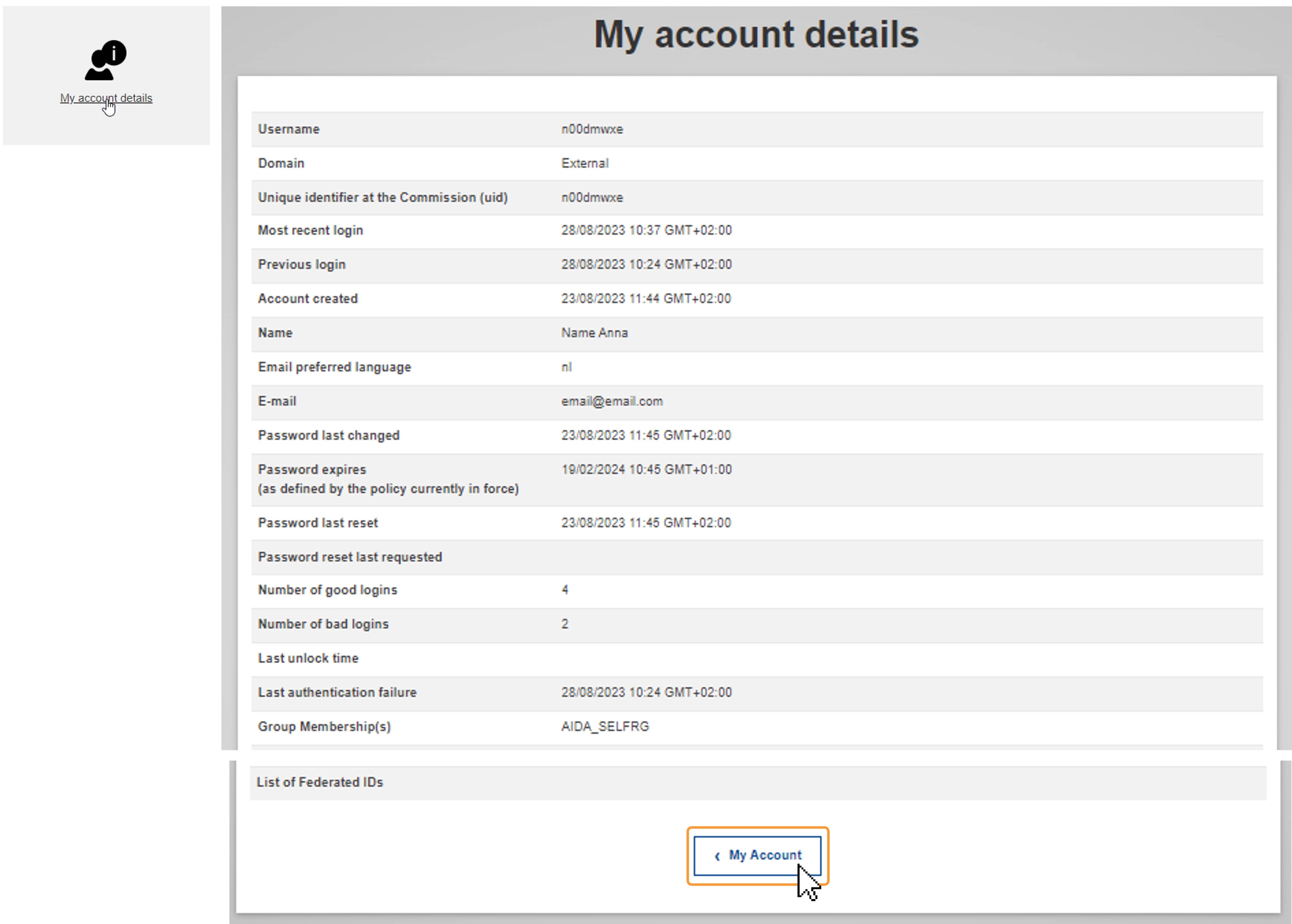 My account details screen