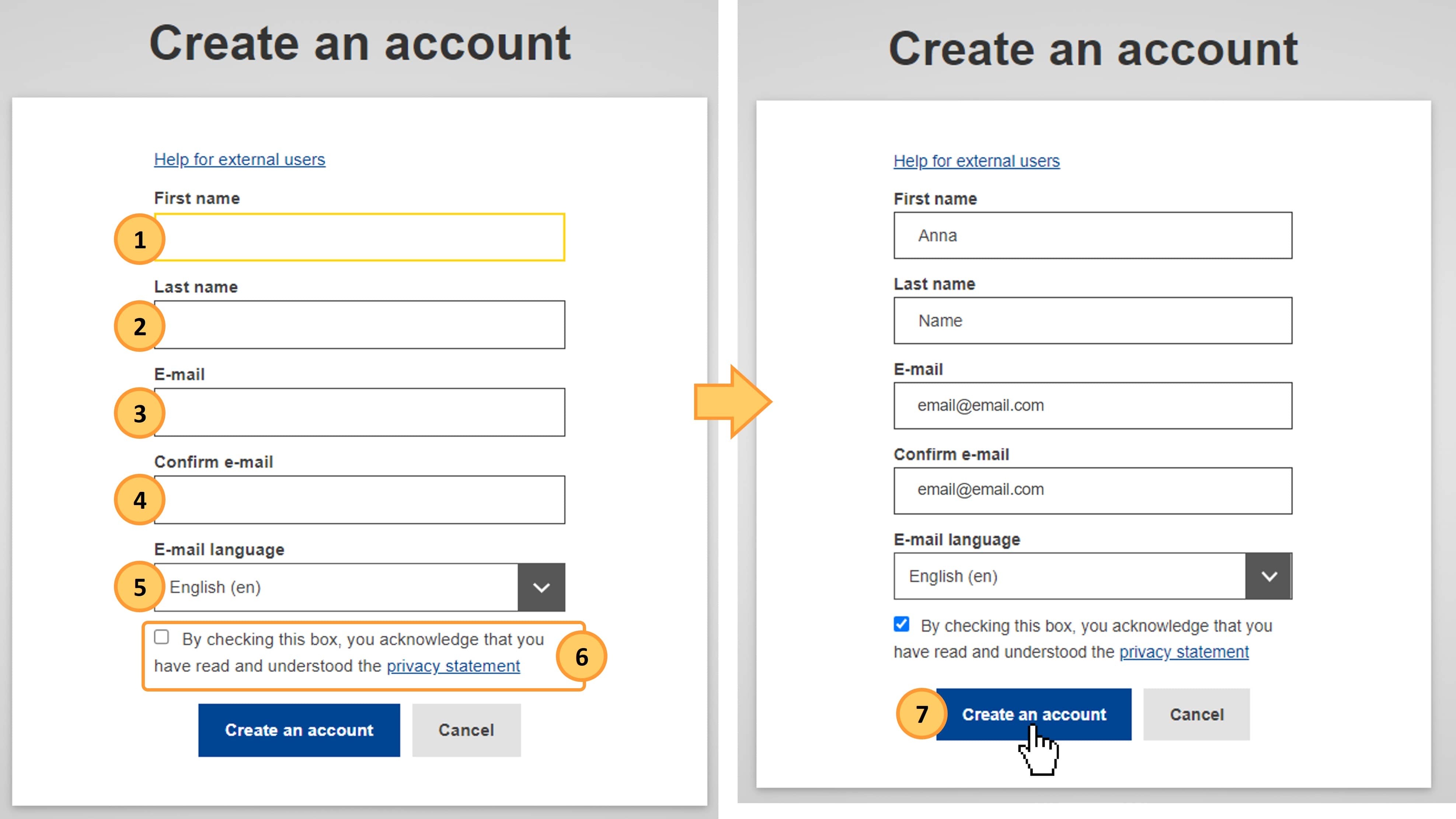 Provide the required account details and click on Create an account