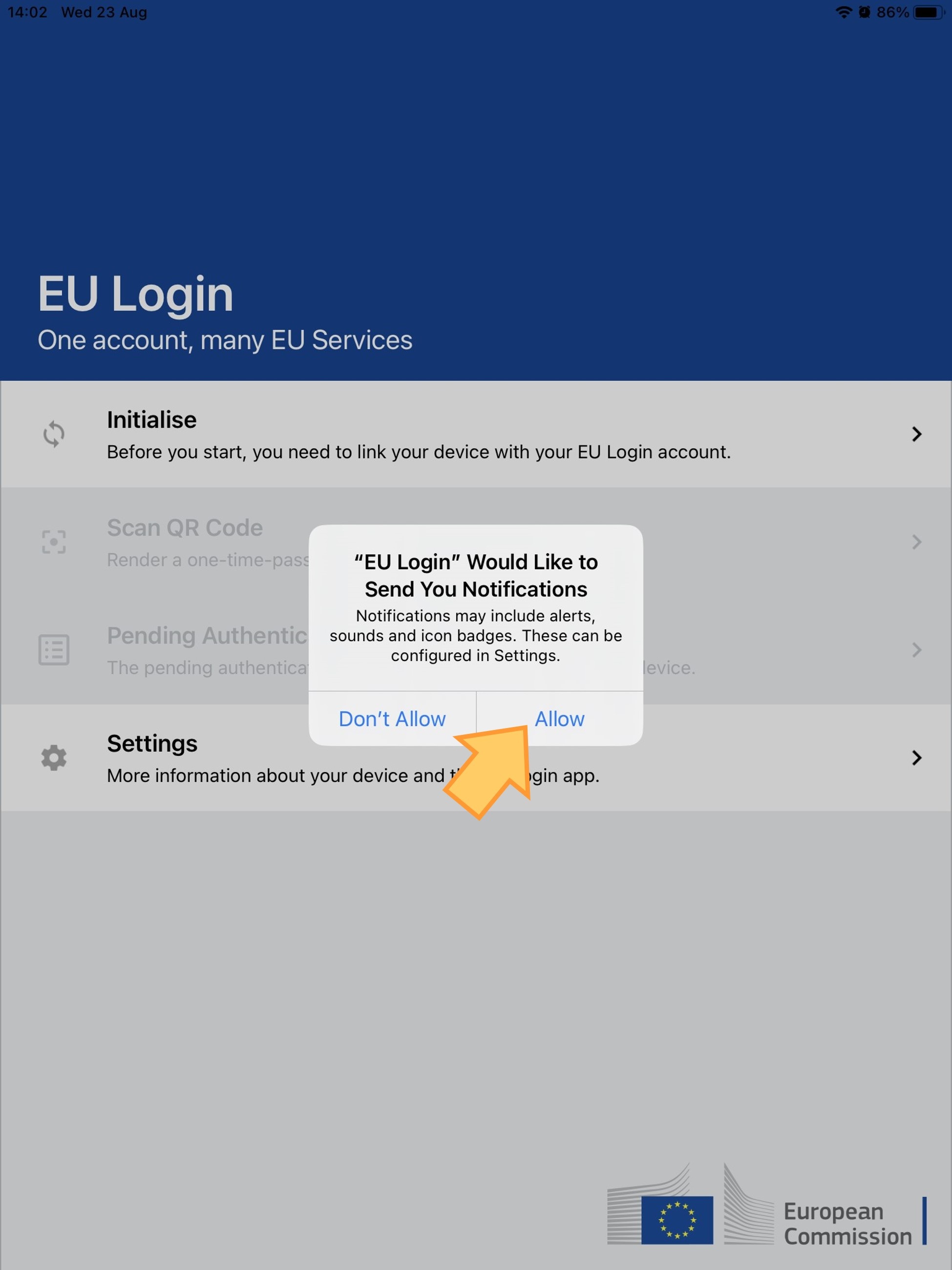 Install EU Login Mobile app and allow notifications