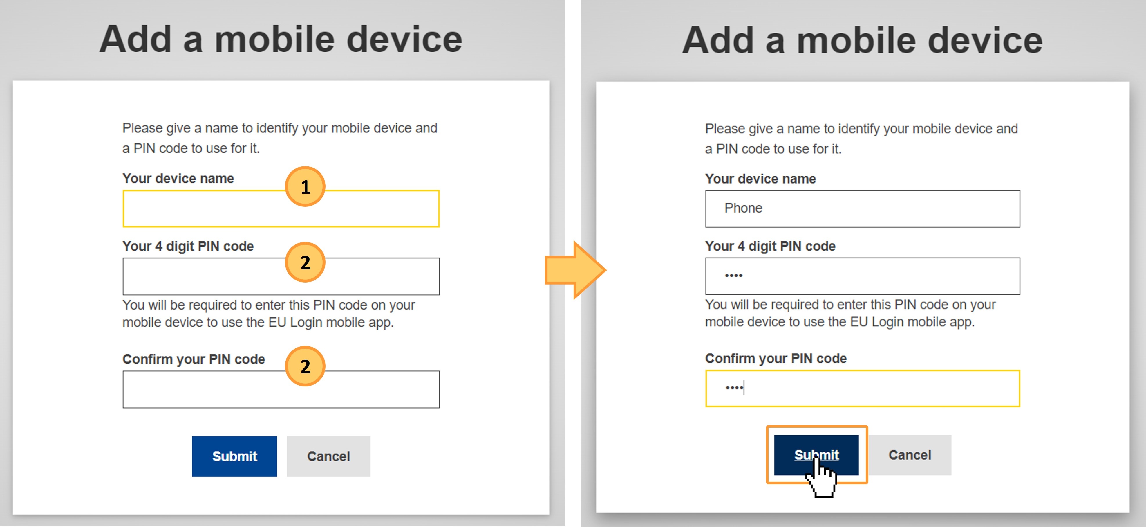 Fill in the required information in the Add a mobile device screen