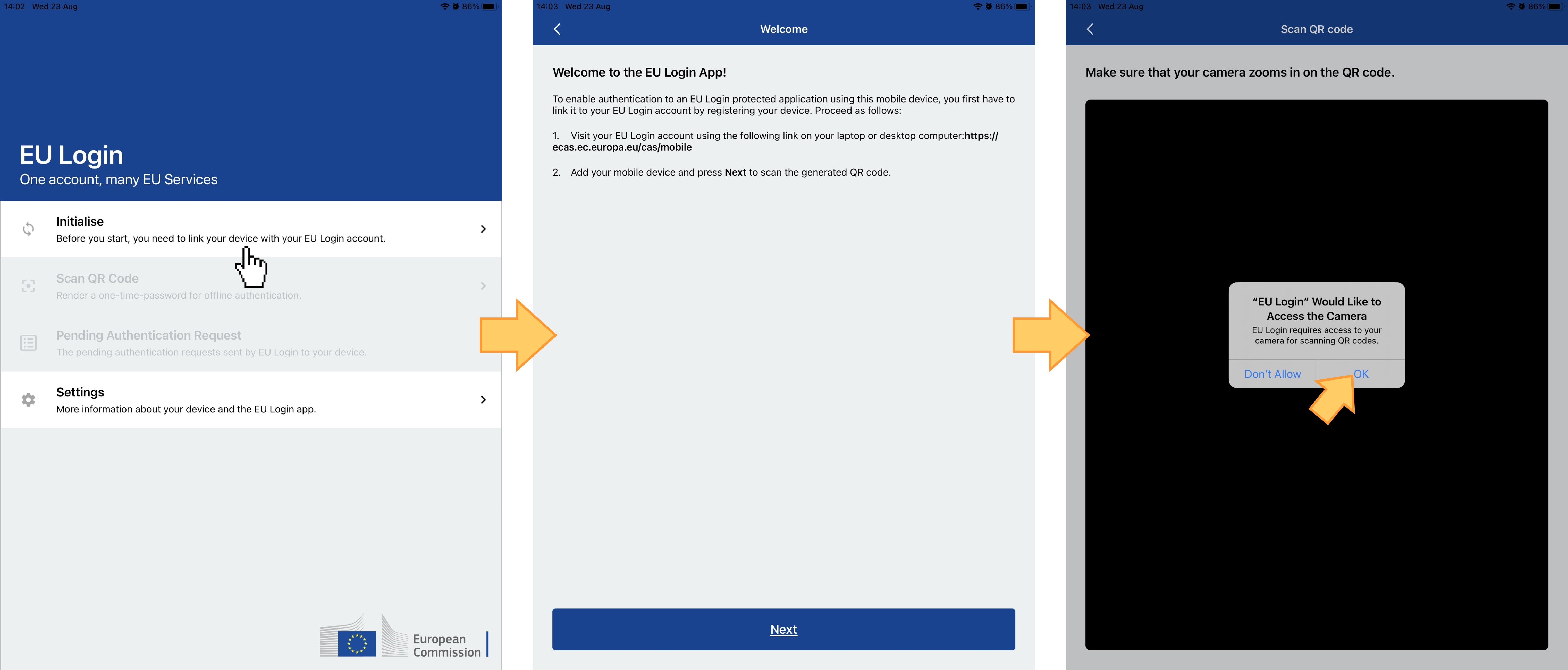 Open the EU Login Mobile App, select Initialise and follow the instructions on screen