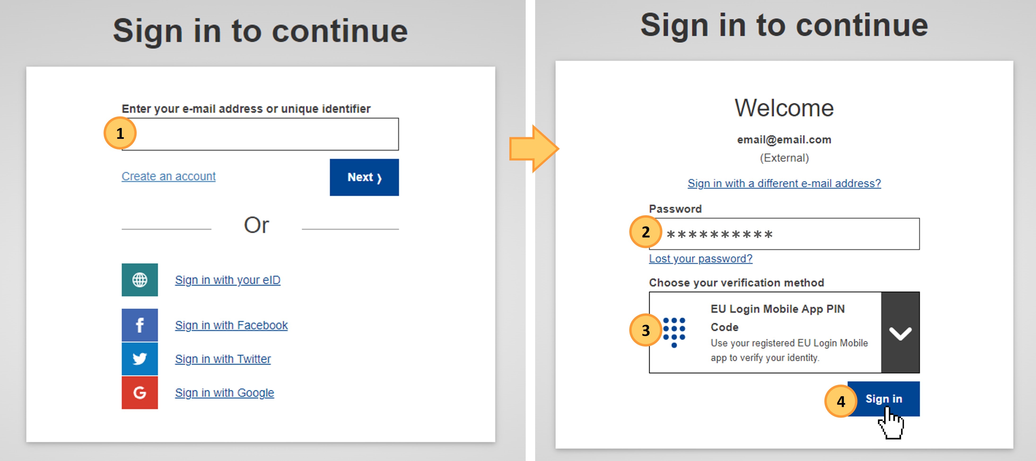 Sign in with an EU Login account using the EU Login Mobile App PIN code