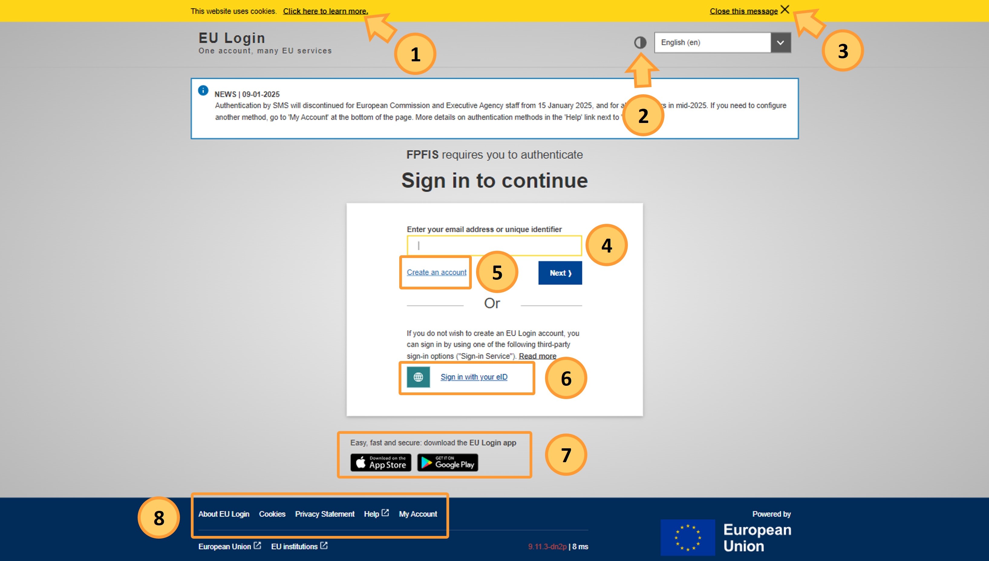 EU Login screen