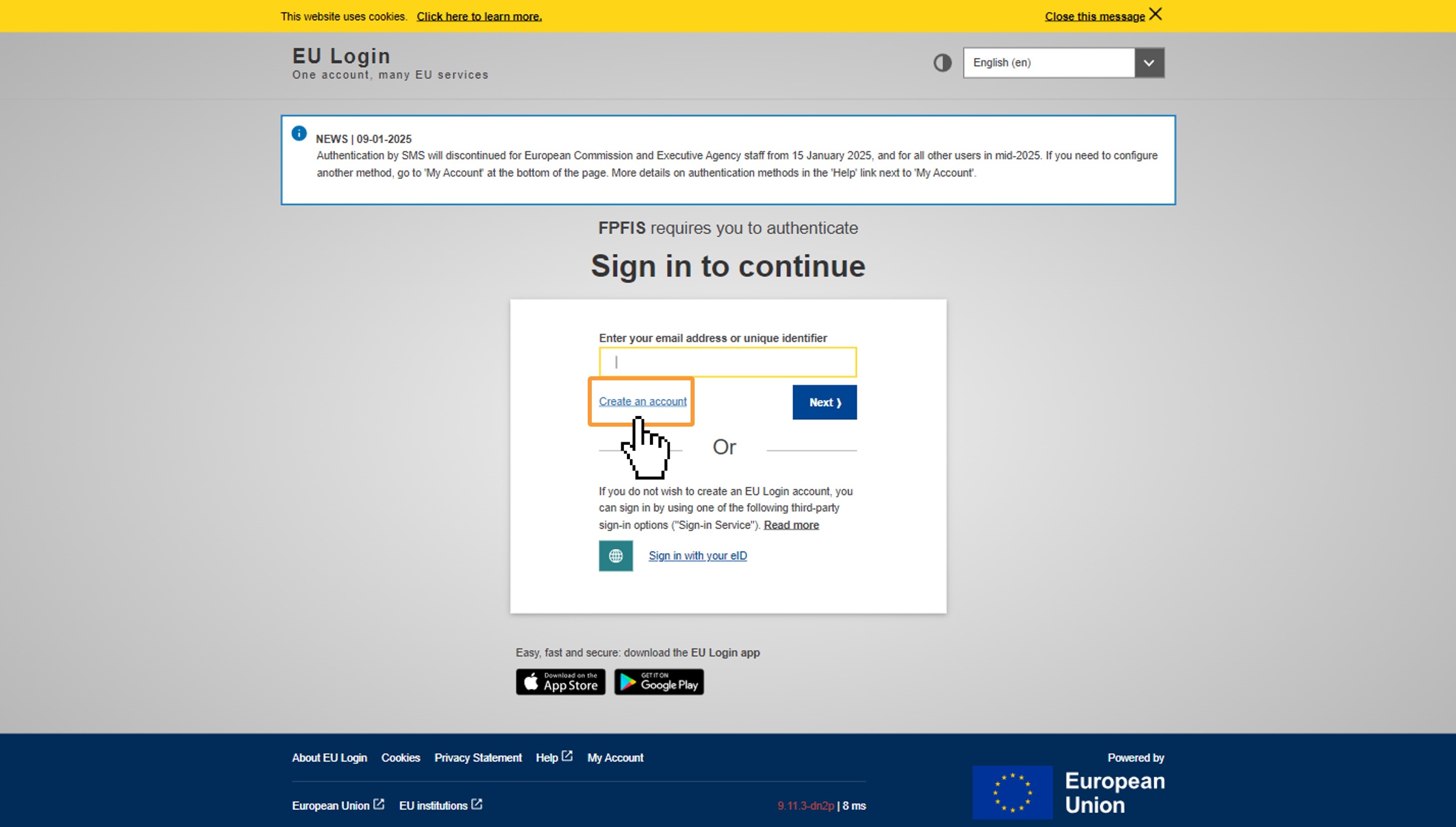 Click on the Create an account hyperlink