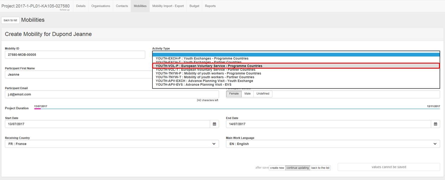 Drop-down list with available activity types