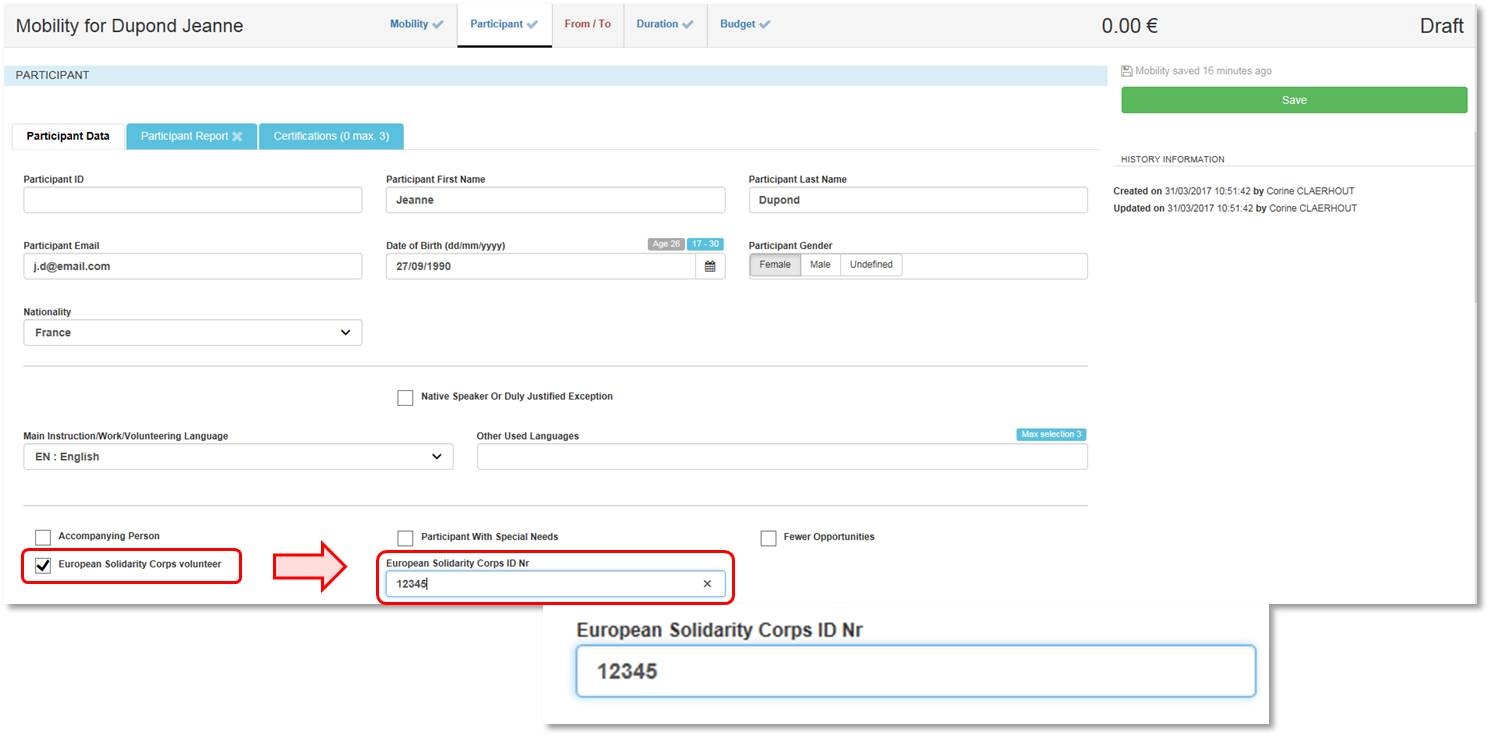 Fill in European Solidarity Corps ID nr.