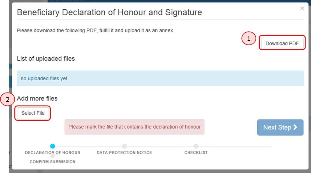 Download Declaration of honour, update and upload it