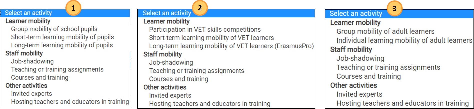 Available Activity tipes for SCH, VET and ADU