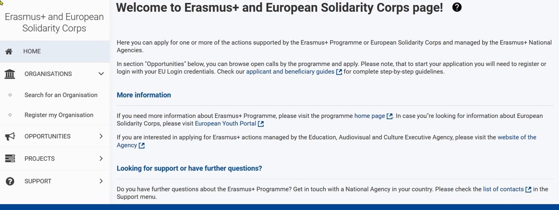 Access the Erasmus platform