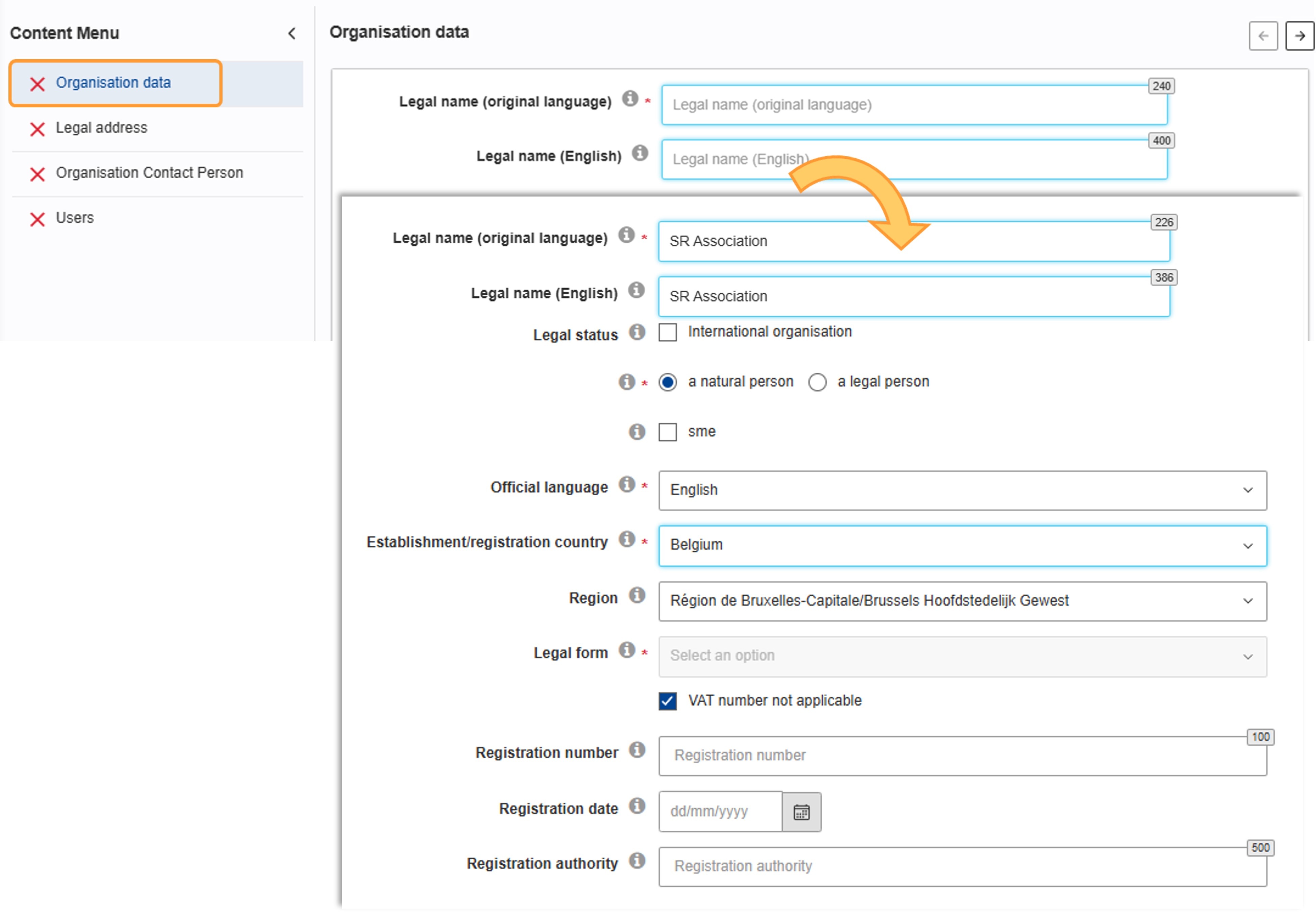Fill in basic Organisation data