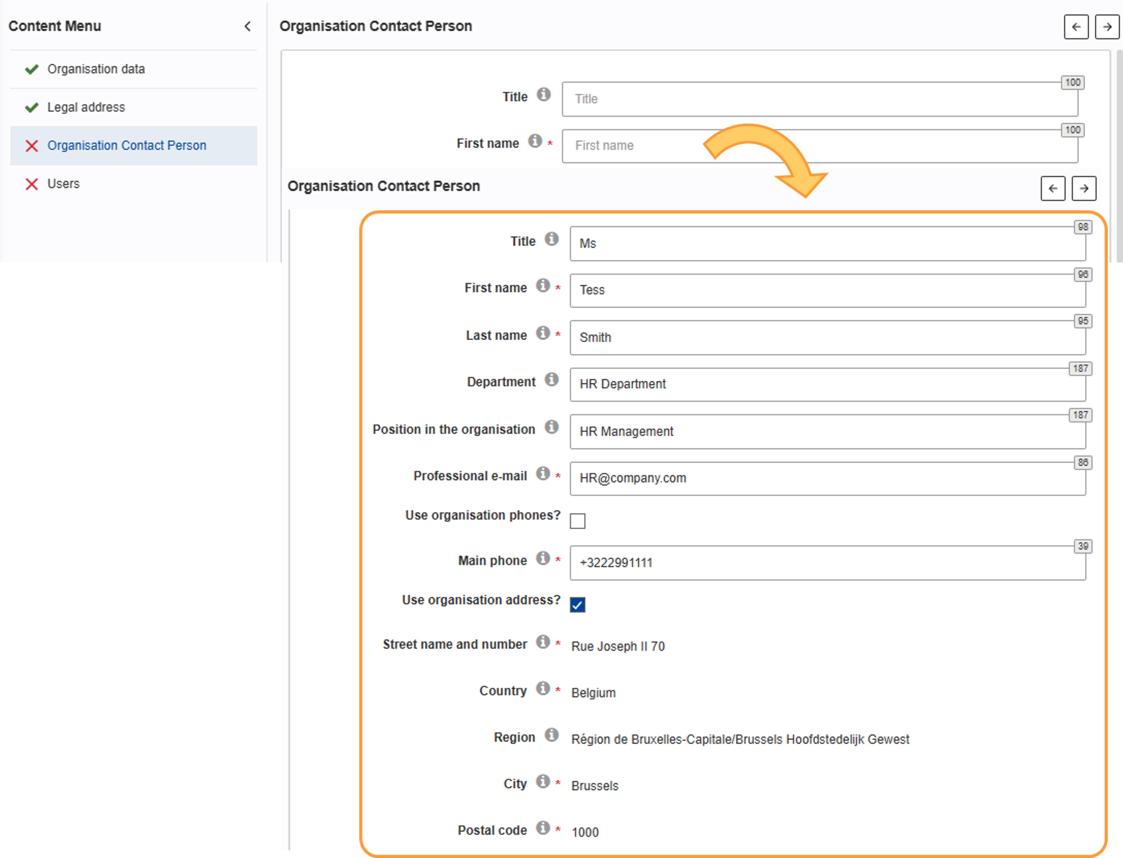 Access the Organisation contact person section
