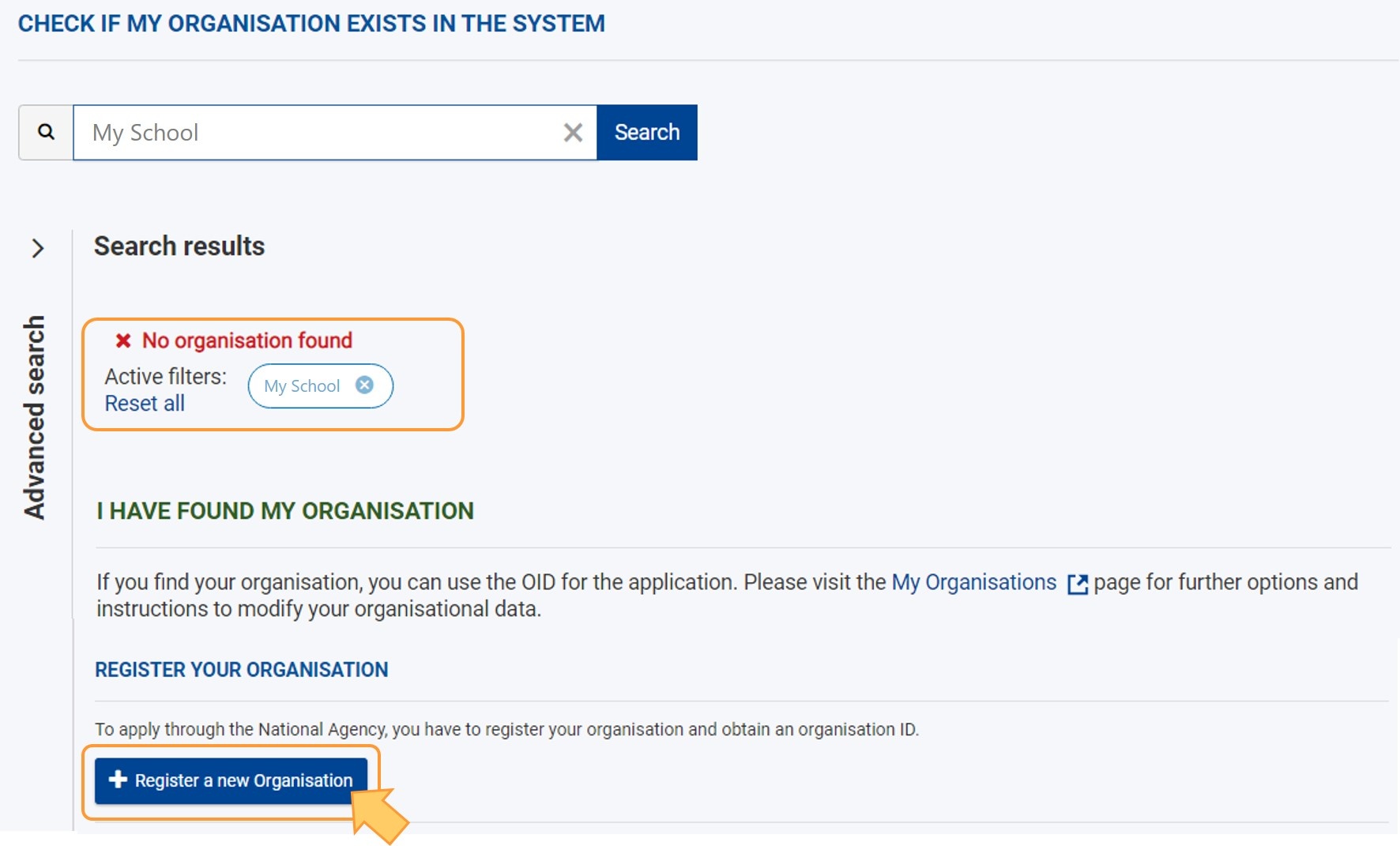 Search for organisation - organisation not registered