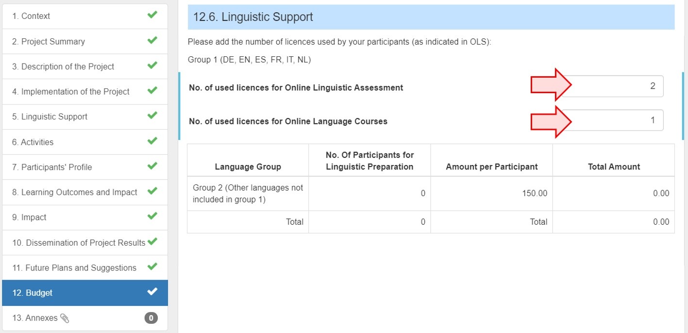 Under Linguistic Support, complete the requested details