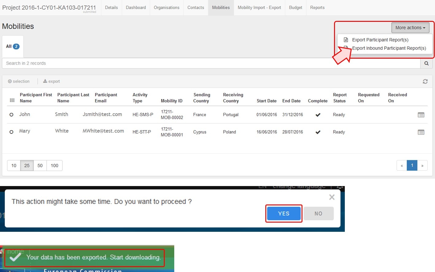  Click the More Actions button and select Export Inbound Participant Report(s)